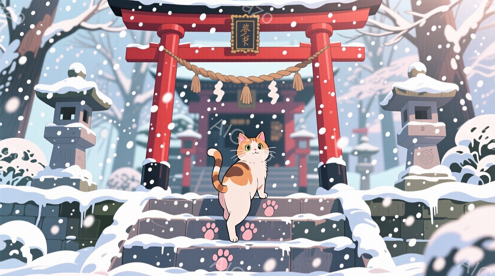 雪が降る中、朱色の鳥居の石段にオレンジと白の猫が立っている。猫は前足を少し出して、まるで足跡を付けているかのように見え、穏やかな表情でこちらを見ている。背景には雪景色と、石灯籠、そして少し見える社が見え、静かで幻想的な冬の雰囲気が漂っている。