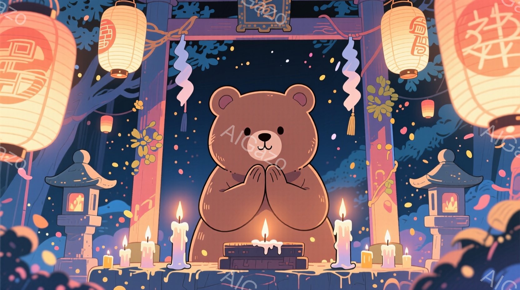 茶色のクマが両手を合わせて祈る姿が描かれています。背景には提灯や蝋燭が並び、寺院のような建物が見え、全体的に静かで厳かな雰囲気が漂っています。鮮やかなオレンジ色と深い青色が組み合わさり、幻想的な情景を作り出しています。