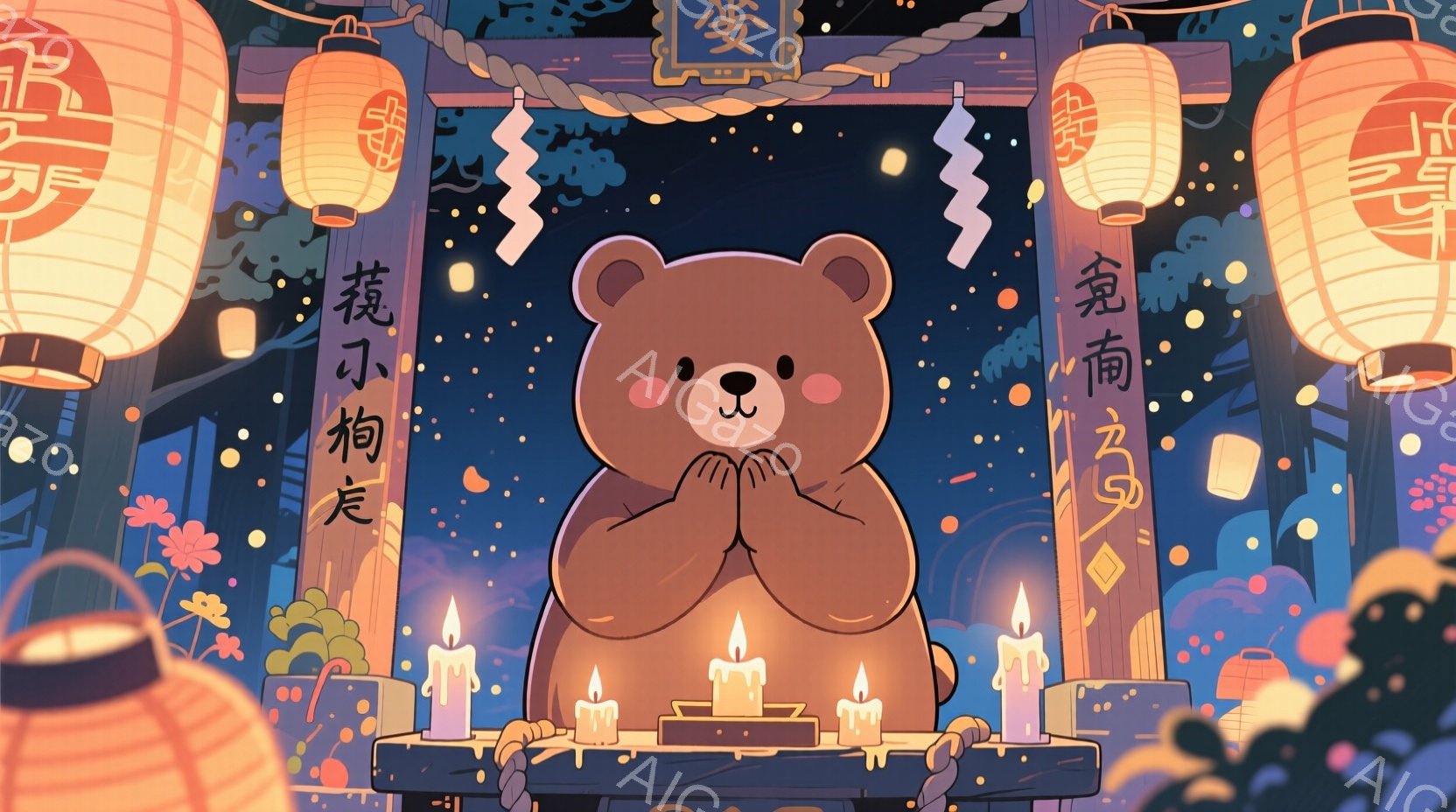 祈りを捧げるクマのイラストです。クマは両手を合わせて祈っており、背景には提灯やろうそくが並び、祭りのような賑やかな雰囲気を醸し出しています。夜空には花火が打ち上げられており、幻想的で温かい雰囲気が漂っています。