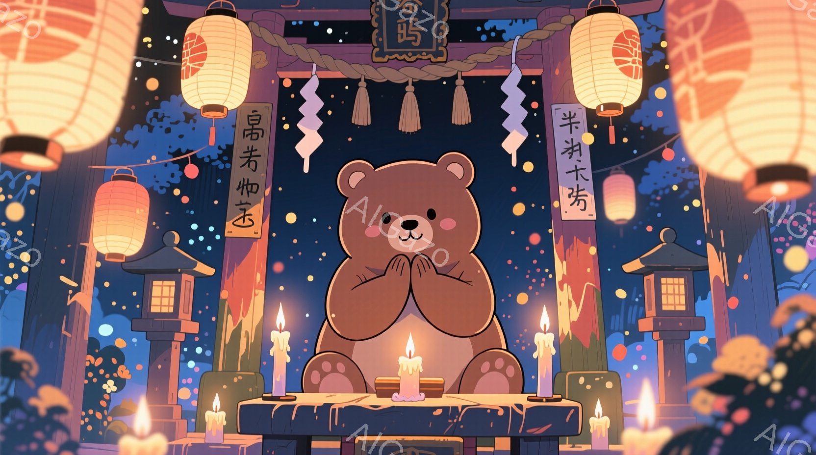 茶色のクマが両手を合わせて祈っています。背景には、提灯や蝋燭が灯された寺院のような場所があり、夜空には星が輝いています。全体的に暖かく、幻想的な雰囲気が漂っています。