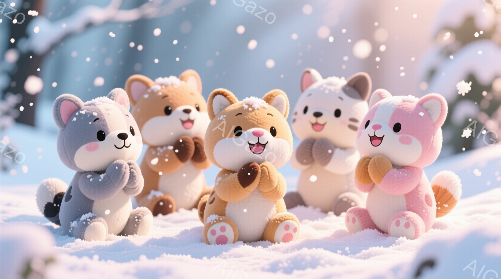 雪景色の中に、ふわふわとした可愛らしい犬のキャラクターが並んでいます。彼らは皆、ピンク、茶色、灰色、白など、異なる毛色をしており、喜びにあふれた表情で手を合わせています。背景は雪に覆われた木々と白い雪が舞う冬の風景で、全体的に温かく、幸せな雰囲気が漂っています。