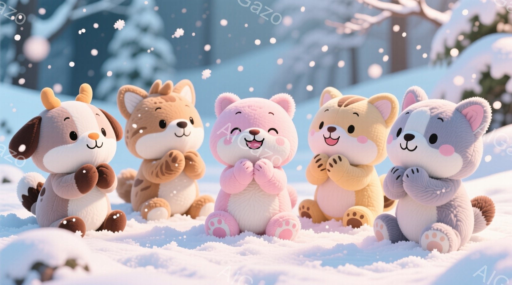 雪景色の中で寄り添うように並んだ、可愛らしい犬のキャラクターが５匹描かれています。それぞれの犬は異なる毛色と模様を持ち、丸い体とつぶらな瞳が特徴的で、みんな笑顔で手を重ねています。背景は雪に覆われた森林で、穏やかで暖かい雰囲気を醸し出しています。
