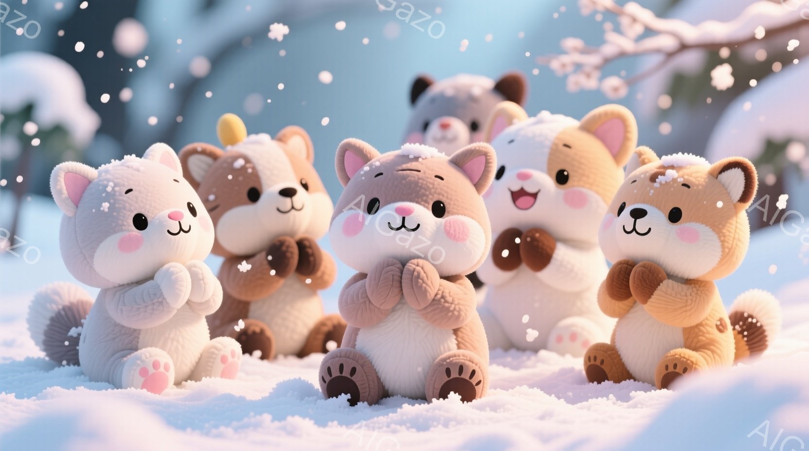 ふわふわとした動物のキャラクターたちが雪の中に座っています。それぞれ異なる毛色を持ち、ピンクの頬とつぶらな瞳が特徴的です。雪が舞う冬の森を背景に、可愛らしい表情で互いに寄り添い、温かく平和な雰囲気を醸し出しています。