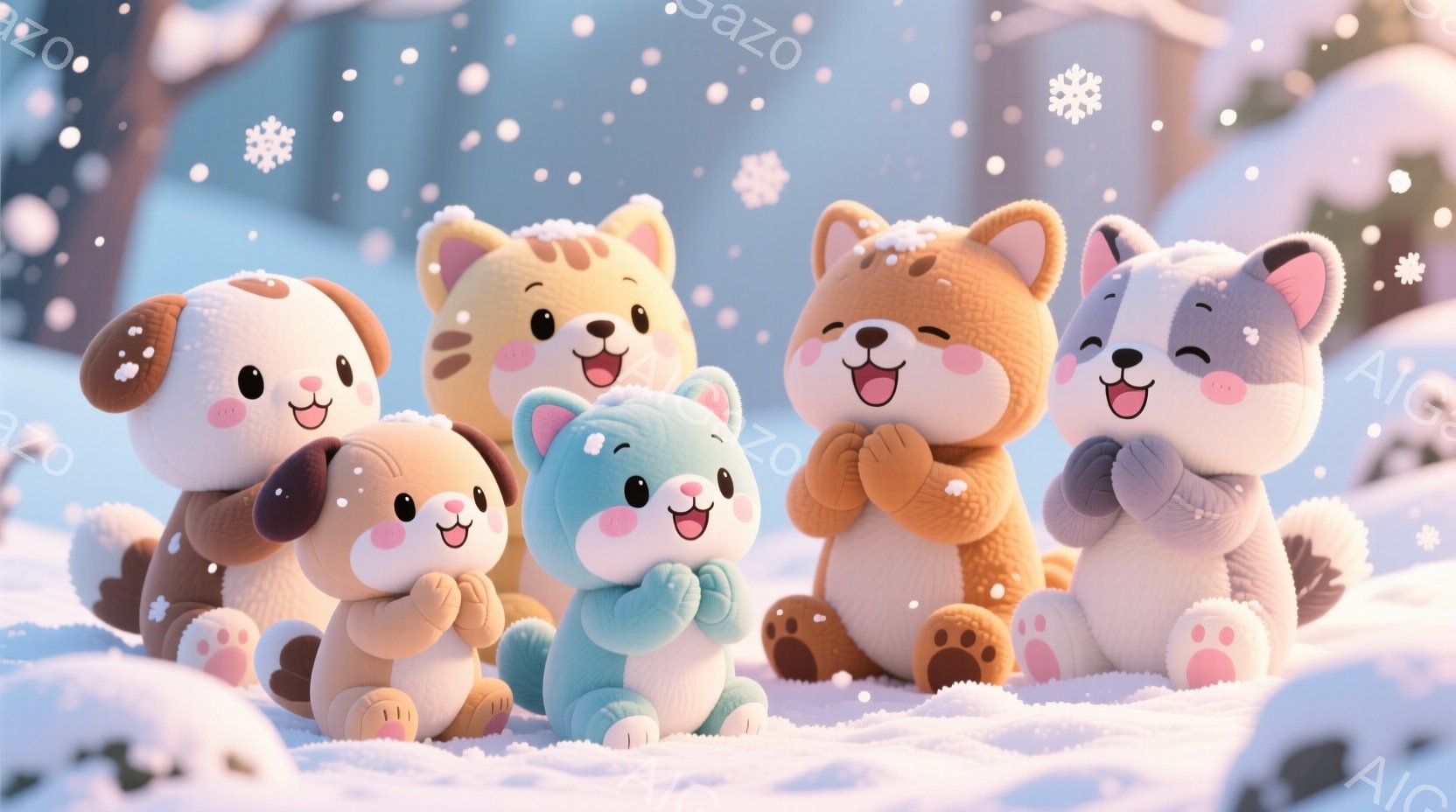 雪が降る冬の日に、様々な色の可愛い子犬たちが集まっている様子が描かれています。子犬たちは皆、丸い体で、大きな瞳と笑顔で、お互いに寄り添い、楽しそうにしています。背景には雪景色が広がり、暖かく、幸せな雰囲気が漂っています。