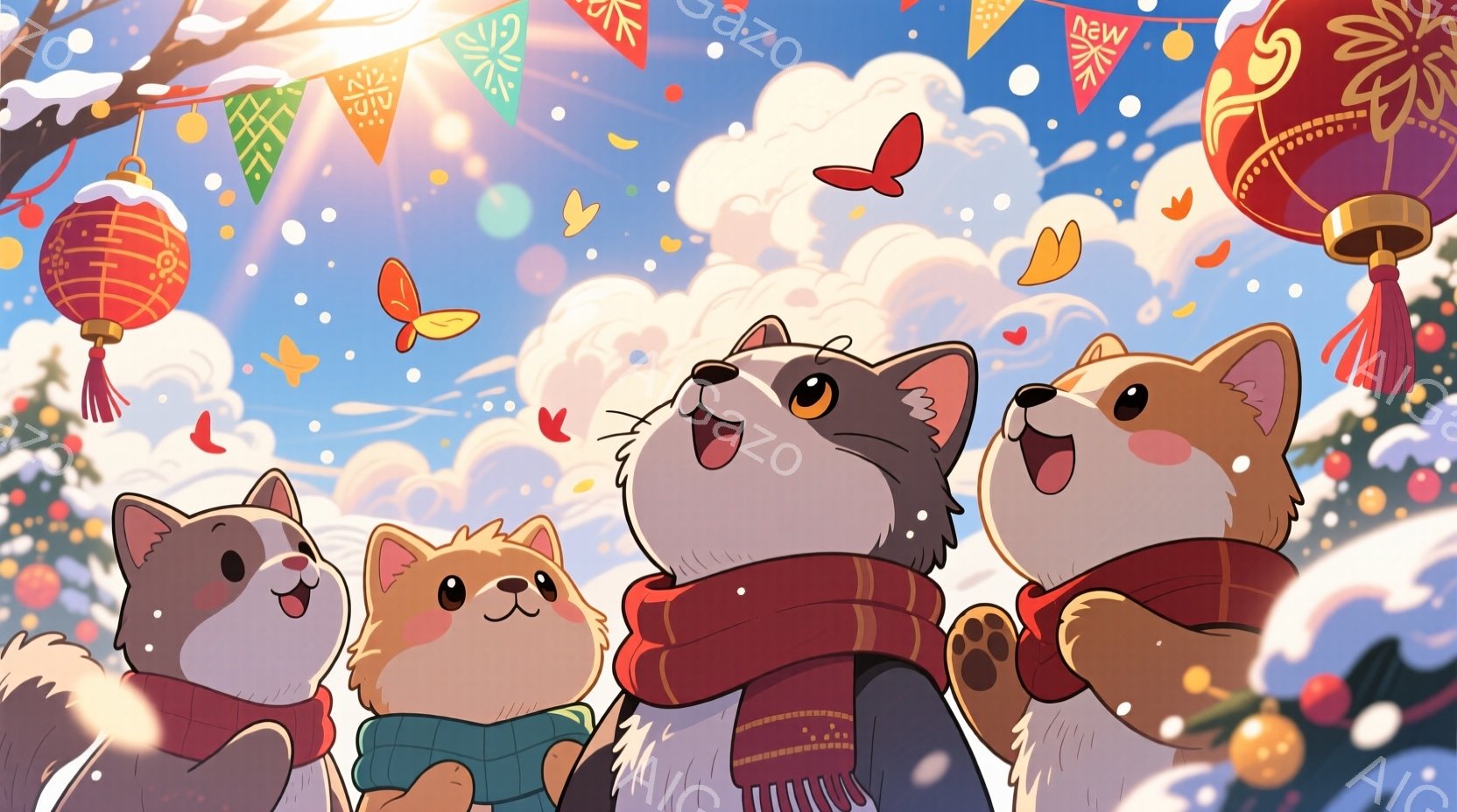 赤いマフラーを巻いた白い猫を中心に、3匹の猫が描かれています。猫たちは口を開けて上を見上げており、楽しそうな表情をしています。背景には、雪が舞う冬の空と、提灯や旗が飾られた賑やかな風景が広がっており、全体的に暖かく、お祝いムードにあふれています。
