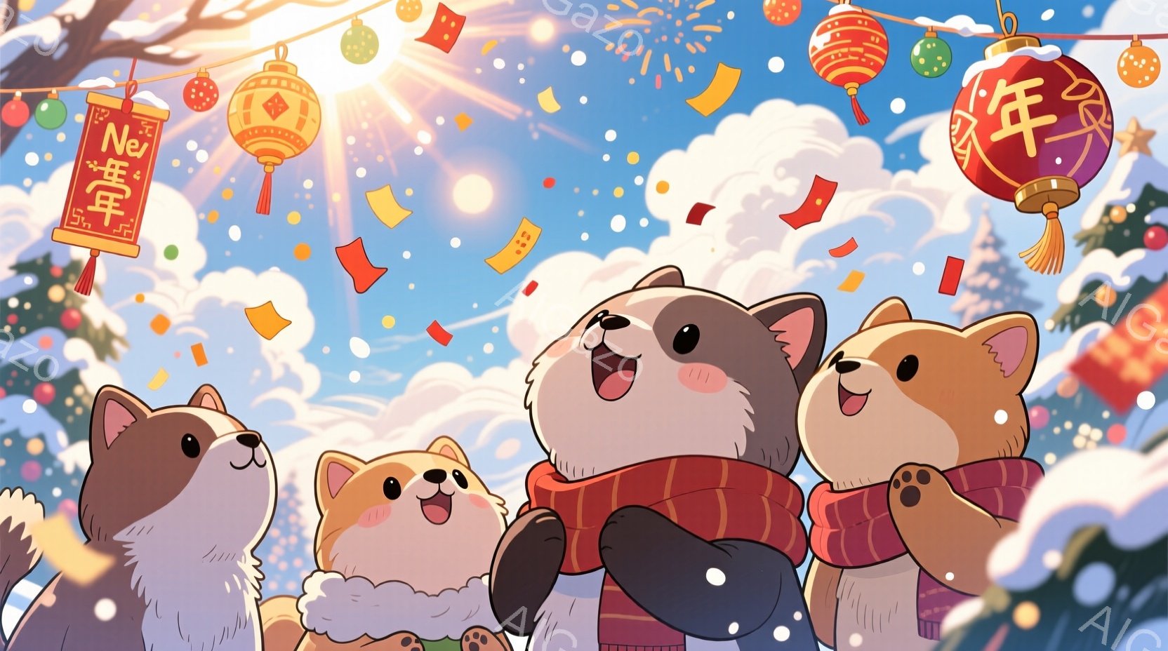 赤いマフラーを巻いた柴犬の家族が描かれています。一番大きな柴犬は両手を高く上げ、嬉しそうに笑っています。背景には雪が降り積もり、提灯や紙吹雪が舞い、お祭りや新年を祝う賑やかな雰囲気が漂っています。