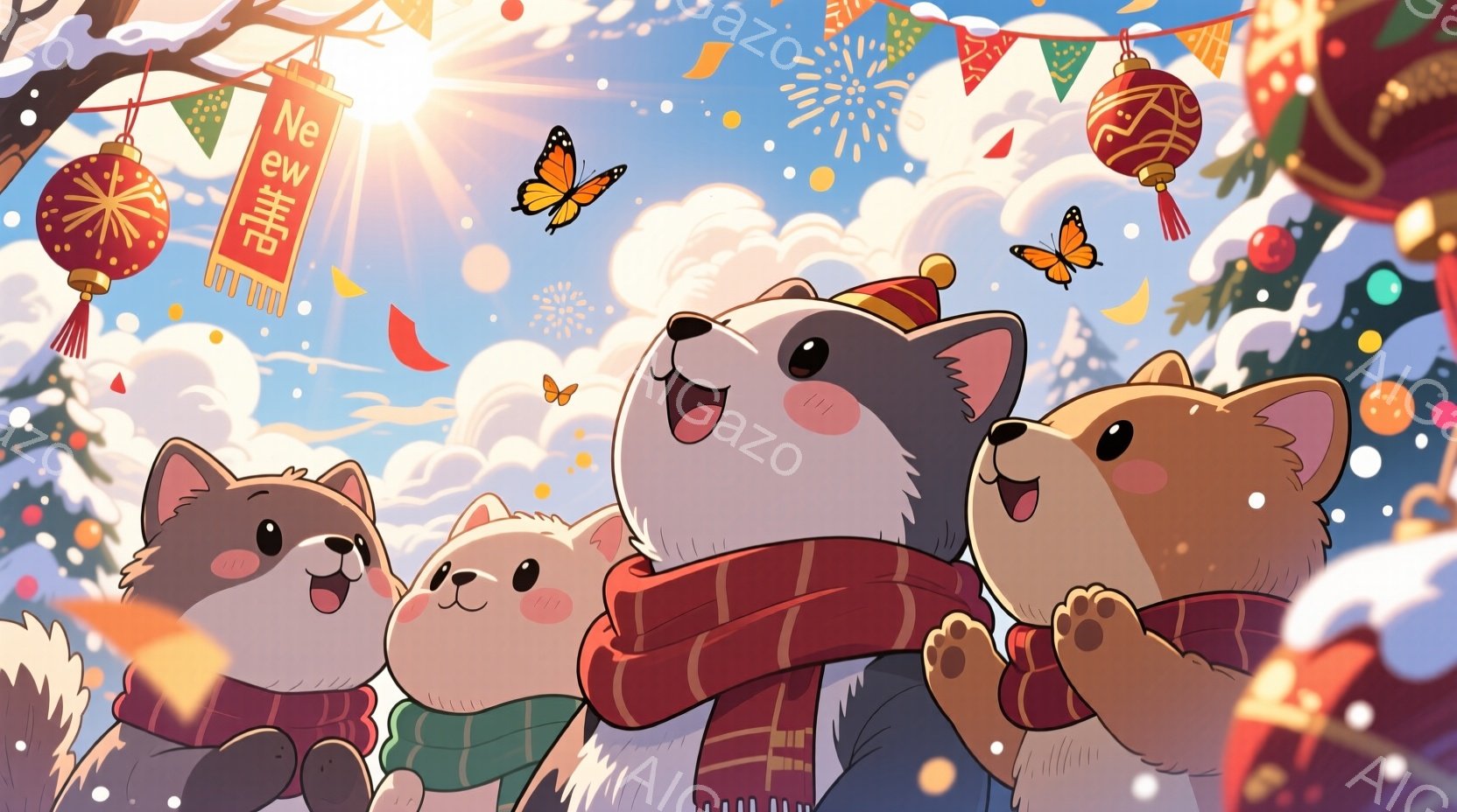 冬の背景を背景にした、かわいらしい動物たちが描かれています。動物たちはそれぞれ異なる服装をしており、赤いマフラーを巻いた白い動物が中心にいて、他の動物たちと寄り添いながら上を見上げています。背景には、雪が舞い、色とりどりの提灯や装飾が飾られており、お祝いの雰囲気が漂っています。