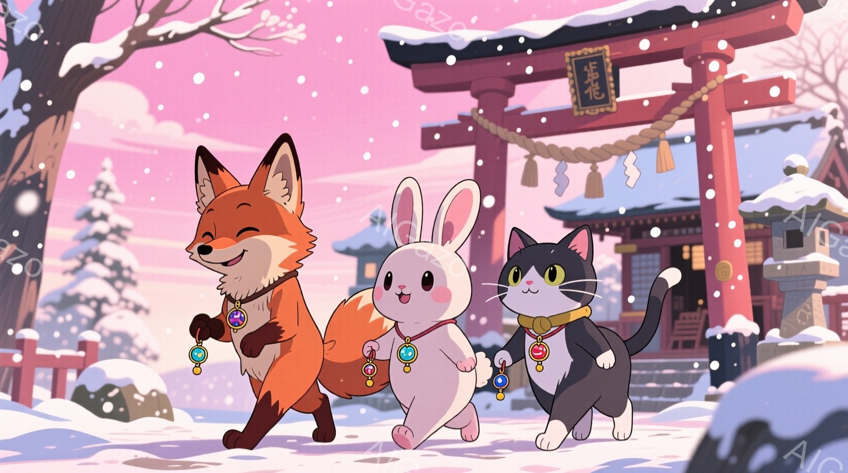 雪景色の中、狐、ウサギ、猫が並んで歩いている様子が描かれています。それぞれの動物は首に同じデザインの鈴付き首輪をつけており、楽しげな表情で前を向いています。背景には雪で覆われた木々と、赤い鳥居、そして伝統的な日本建築が見られ、お正月や縁日のような、穏やかで温かい雰囲気を醸し出しています。