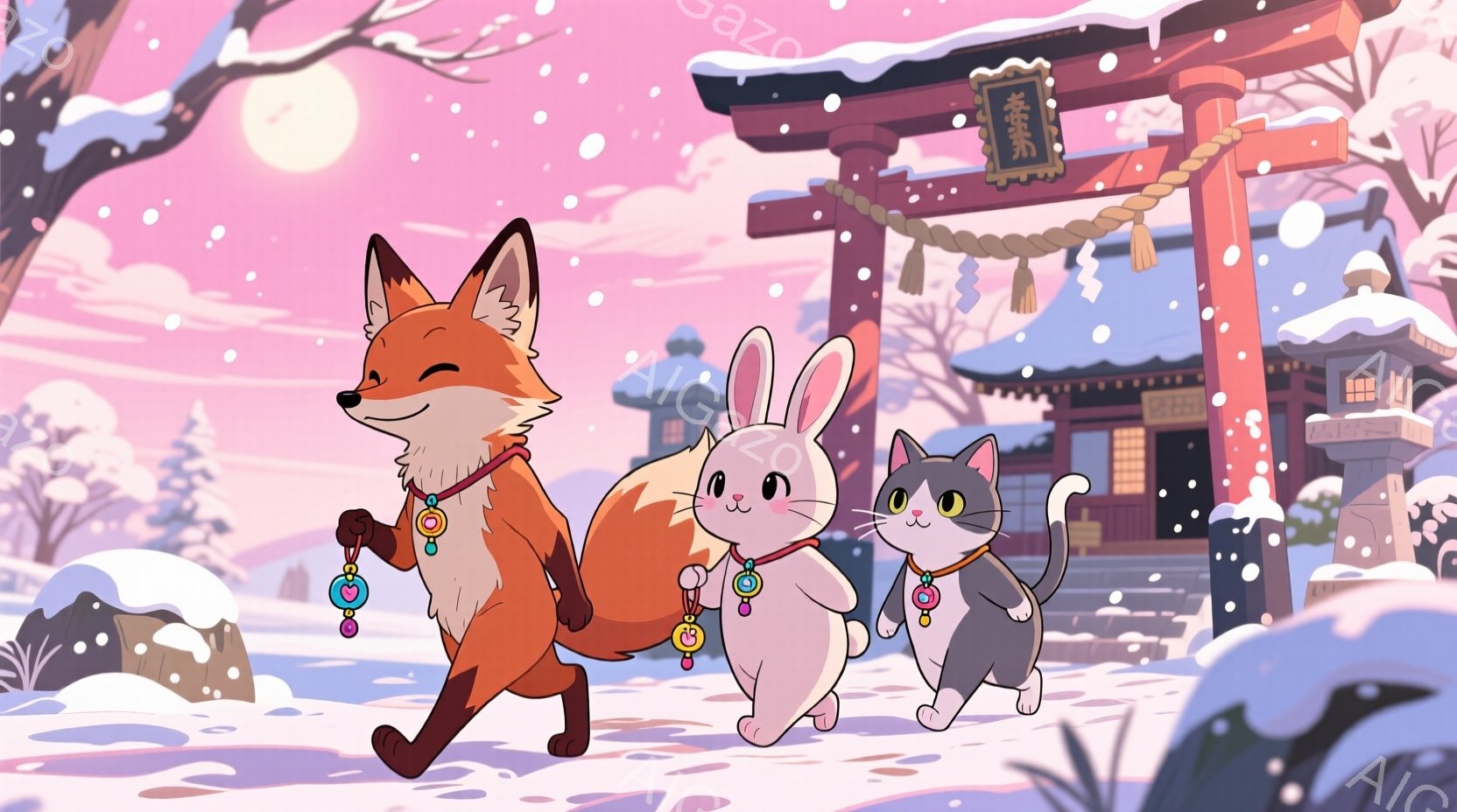 雪景色の中、狐、ウサギ、猫が並んで歩いている。それぞれ首にカラフルな玉のネックレスをつけ、楽しそうな表情をしている。背景には雪をかぶった神社が見え、ピンクと紫のグラデーションの空が幻想的な雰囲気を醸し出している。