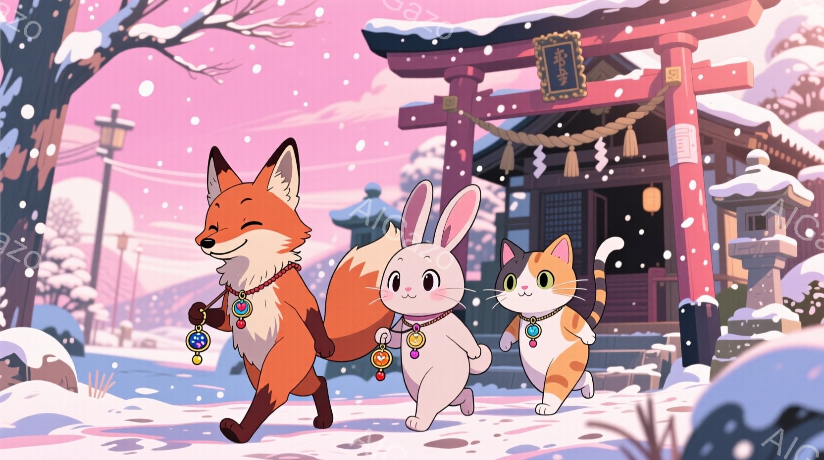 鮮やかなオレンジ色の狐、純白のウサギ、そしてカラフルな猫が、雪が降る参道を進んでいます。彼らはそれぞれ首に可愛らしい飾り付きの首輪をつけ、楽しそうな表情をしています。背景には、雪化粧された鳥居と伝統的な日本家屋が見え、冬の暖かく幻想的な雰囲気を醸し出しています。