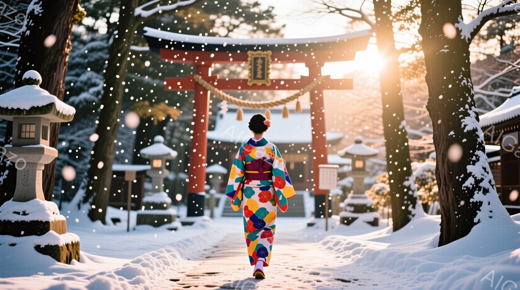 色鮮やかな着物を着た女性が雪の中、鳥居をくぐって歩いている。彼女は黒髪を後ろでまとめ、後ろ姿からは静かで穏やかな雰囲気が感じられる。背景には雪化粧した木々が立ち並び、冬の厳しさと神聖な雰囲気が漂う。 - AI生成フリー素材