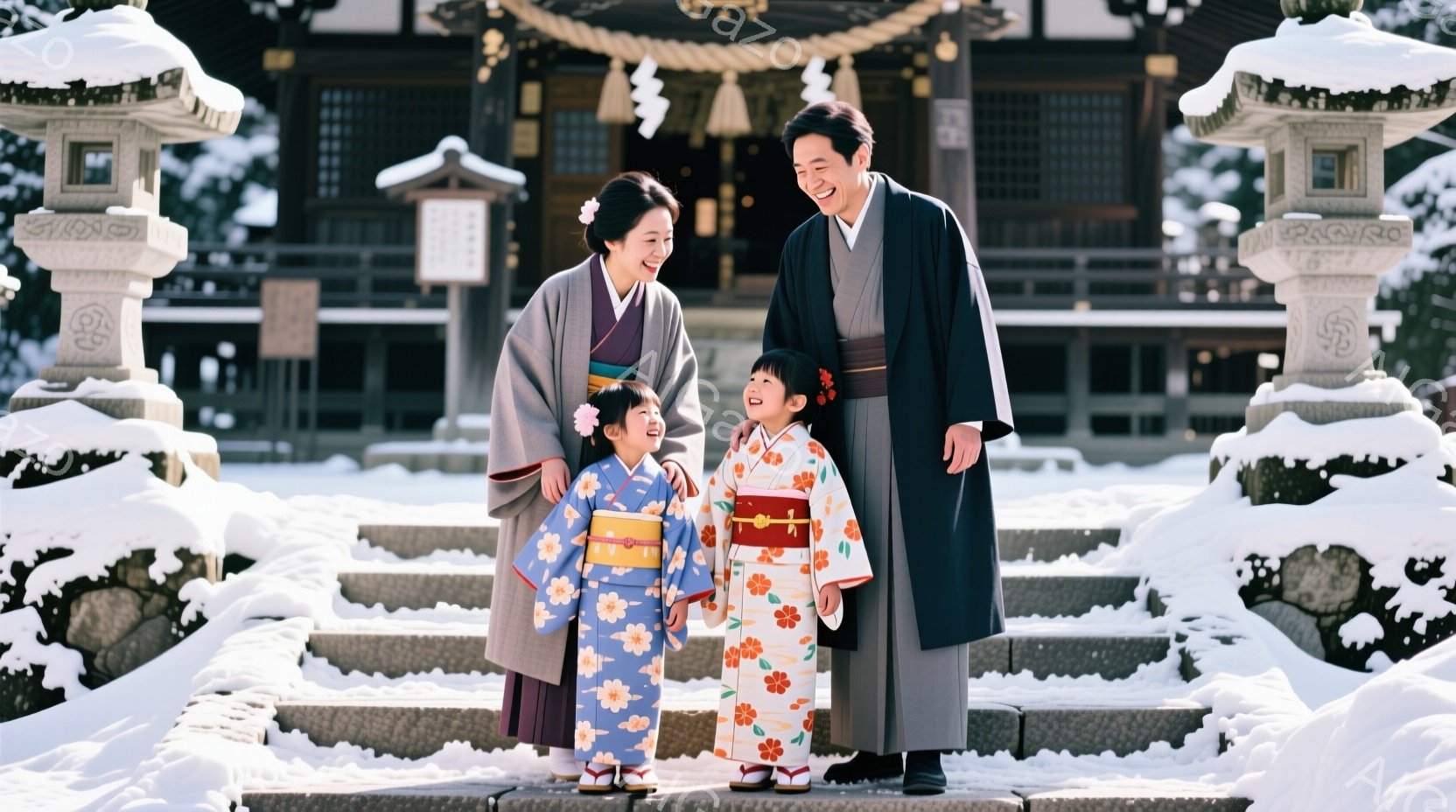 雪景色の中、着物を着た家族が寺の階段に立っている。母親は薄茶色の着物と、髪を後ろでまとめたシンプルな髪型で微笑んでいる。二人の娘たちは、それぞれ水色とオレンジ色の可愛らしい着物を着ており、楽しそうに笑 - AI生成フリー素材