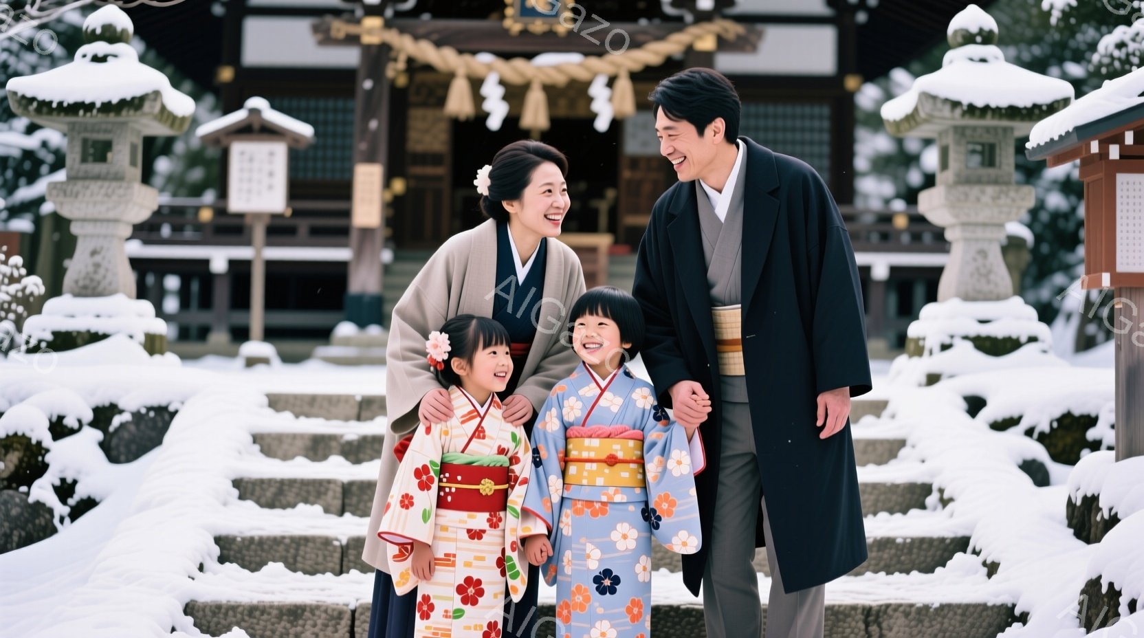 雪景色の中、和装の家族が笑顔で階段を上がっている。母親は落ち着いたベージュ色の着物で、髪を上品にまとめ、優しい表情を浮かべている。二人の娘たちは鮮やかな色の着物を着ており、それぞれ異なる柄が施されている。