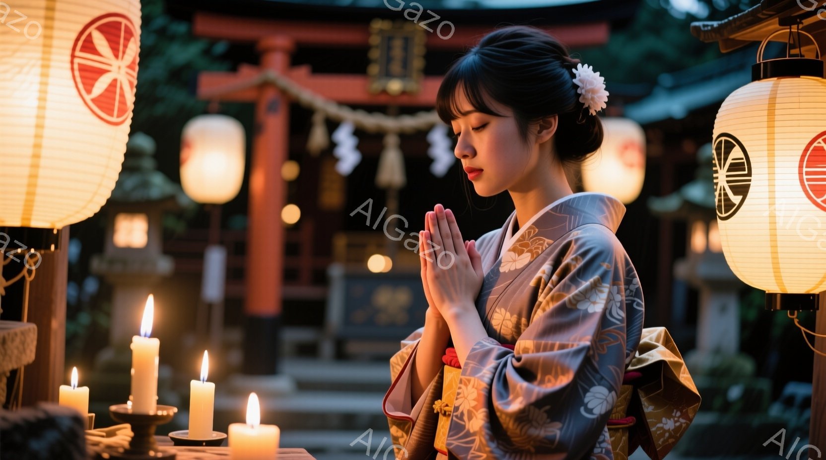 鮮やかな花柄の着物を身につけた女性が、両手を合わせて祈りを捧げています。彼女は黒髪を後ろでまとめ、白い髪飾りをつけており、表情は厳かで集中しています。背景には、提灯や蝋燭が灯る朱色の神社の建物が見え、 - AI生成フリー素材