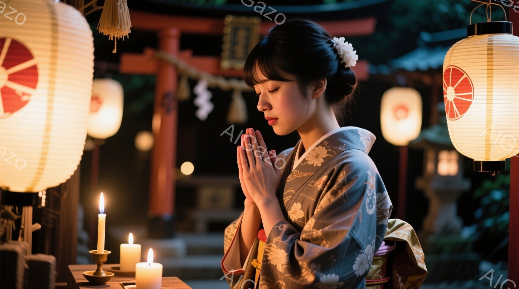 鮮やかな水色の着物を着た若い女性が、祈るように両手を合わせています。髪は綺麗にまとめられ、白い花が飾られています。背景には赤い鳥居や灯籠、そして薄暗い中で灯る蝋燭が見え、静かで厳かな雰囲気が漂っていま - AI生成フリー素材