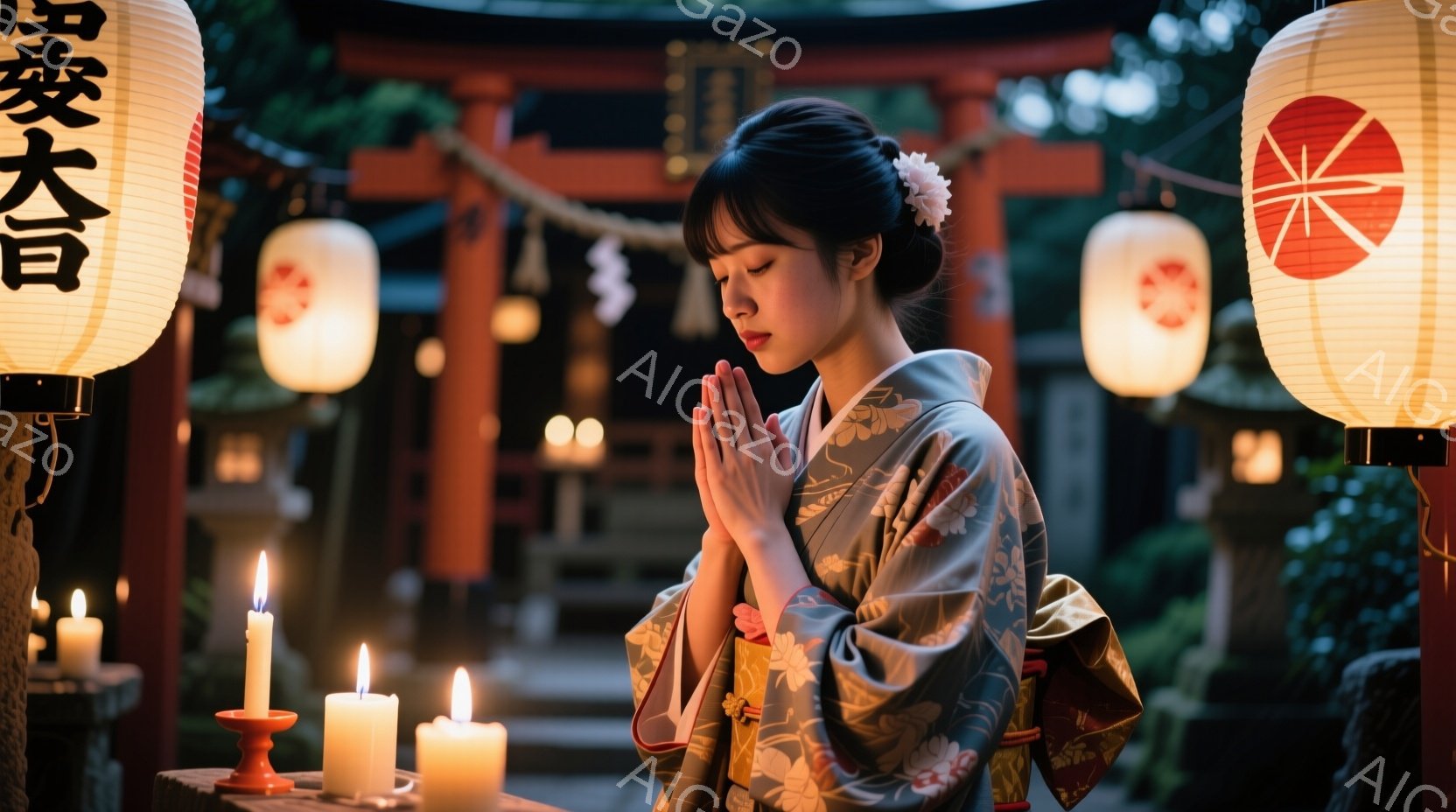 鮮やかな着物を身につけた女性が、寺院の前で両手を合わせて祈っています。彼女の髪はきれいにまとめられ、白い花が飾られています。背景には提灯が灯り、薄暗い中、ろうそくの光が彼女の姿を照らし出し、厳かで静謐 - AI生成フリー素材