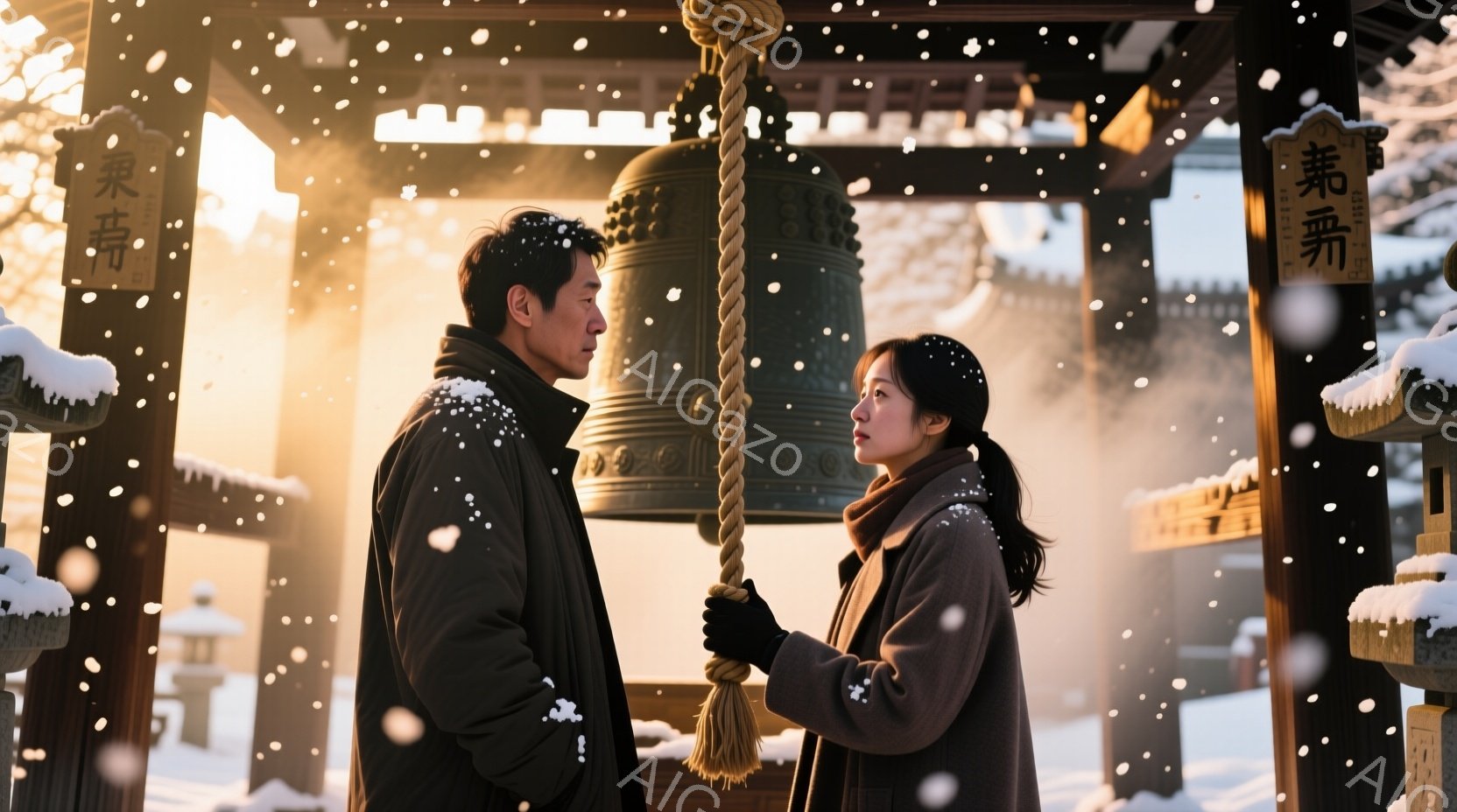 雪が降る中、男女が寺院の鐘の前で向き合っている。男性は黒いコートに白いマフラーを巻き、短髪で真剣な表情をしている。女性は赤いコートを着ており、長い髪を後ろに垂らし、少し微笑んでいるように見える。