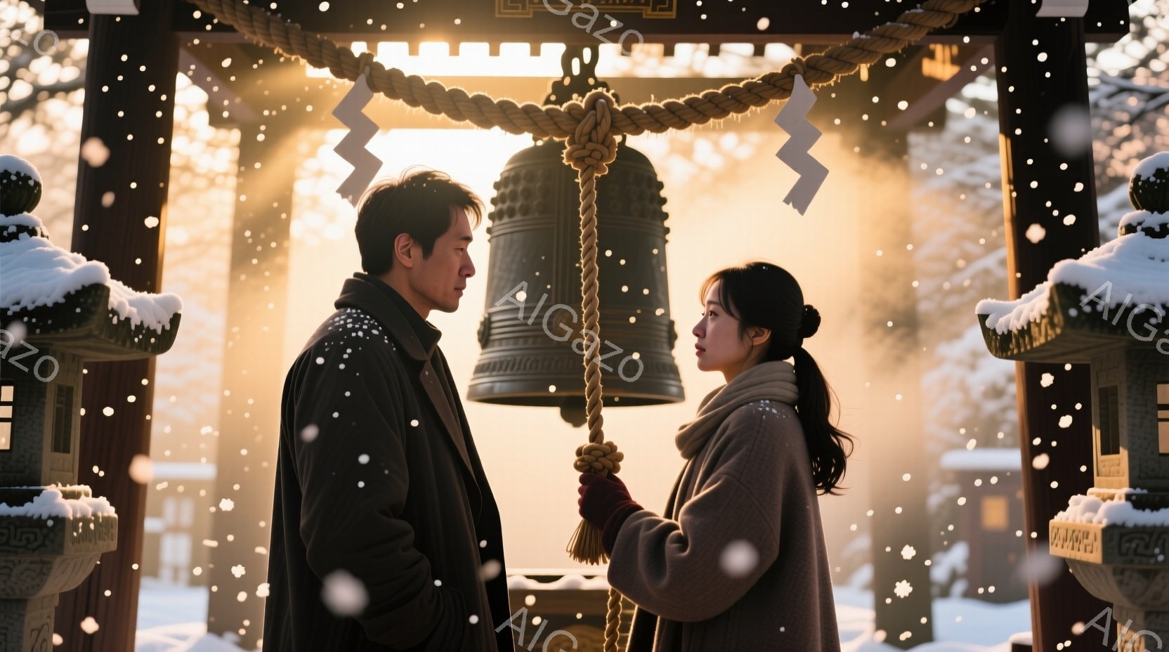 雪が舞う寺院の背景で、一対の男女が向き合っています。男性は黒いコートを着ており、女性はグレーのセーターを着て髪をポニーテールにしています。二人は鐘のロープを一緒に握り、静かに見つめ合い、温かく穏やかな雰囲気が漂っています。