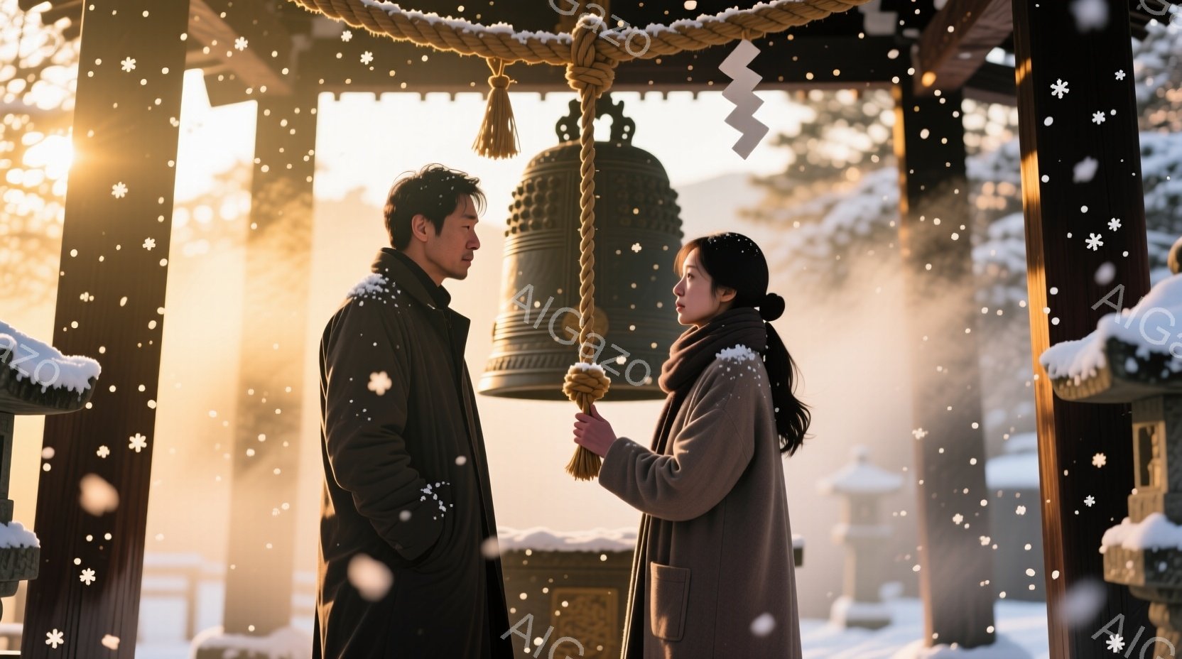 雪が舞う中、一対の男女が寺院の鐘の前で立っている。男性は黒いコートを着ており、女性はベージュ色のコートと赤いマフラーを身につけている。鐘は太い縄で吊るされ、背景には雪景色が広がり、静かで厳かな雰囲気が漂っている。