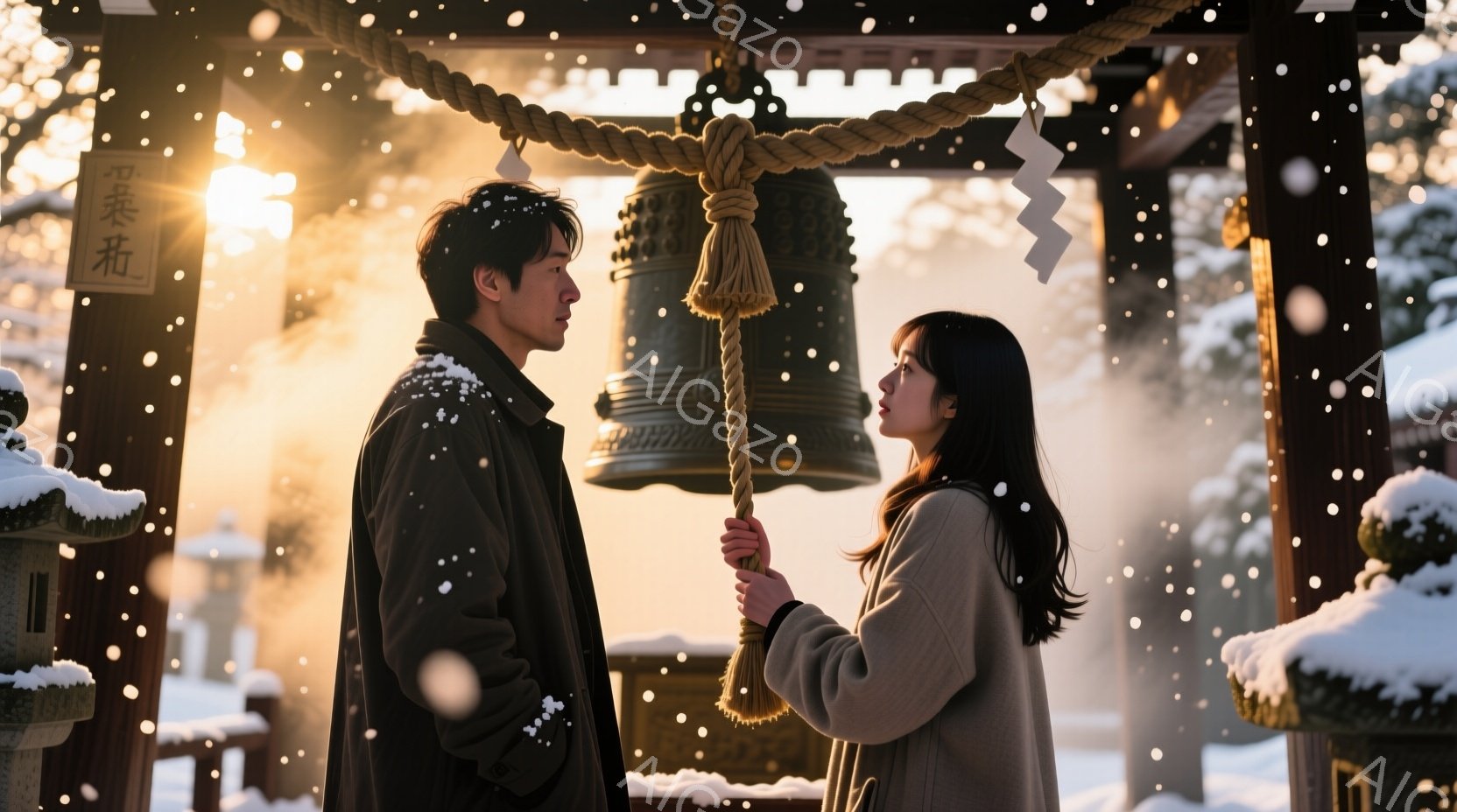 雪が舞う寺院で、一対の男女が釣鐘の前に立っている。男性は黒いコートを着ており、女性はベージュ色のコートを着て、長い黒髪を肩から垂らしている。二人は互いに向き合い、釣鐘のロープを握り、静かで厳かな雰囲気が漂っている。