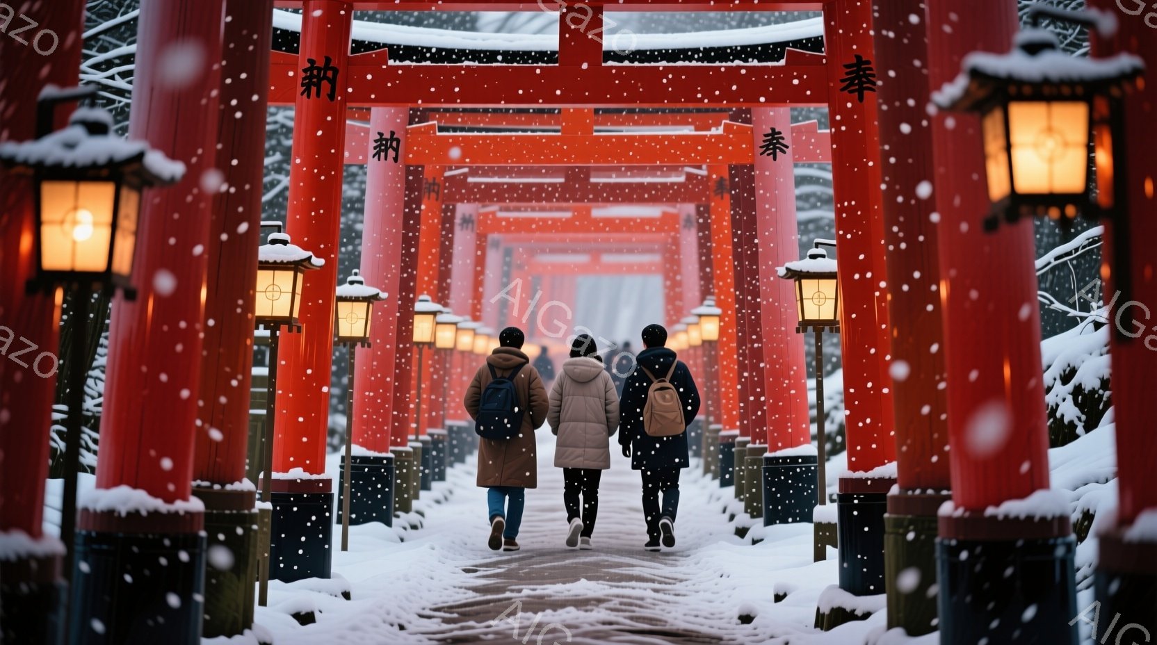 鮮やかな朱色の鳥居が連なる雪景色の中、三人の人物が歩いている。彼らは皆、冬用のコートとリュックサックを背負っており、後ろ姿からは表情は読み取れないが、ゆっくりと進んでいる様子から、静かで穏やかな雰囲気 - AI生成フリー素材