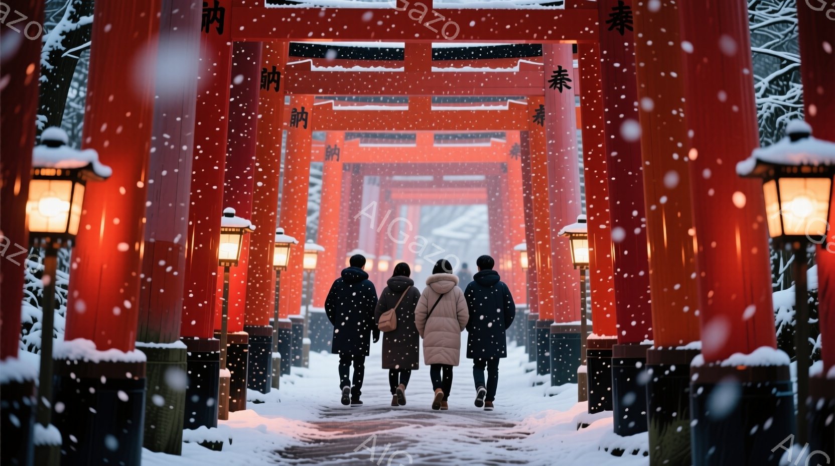 雪が舞う中、数人の人物が赤い鳥居が続く道を歩いている。彼らは皆、冬の寒さから身を守るため、黒や白の厚手のコートを着ており、後ろ姿からは表情は伺えない。背景には、雪化粧した木々が立ち並び、厳かで静謐な雰 - AI生成フリー素材