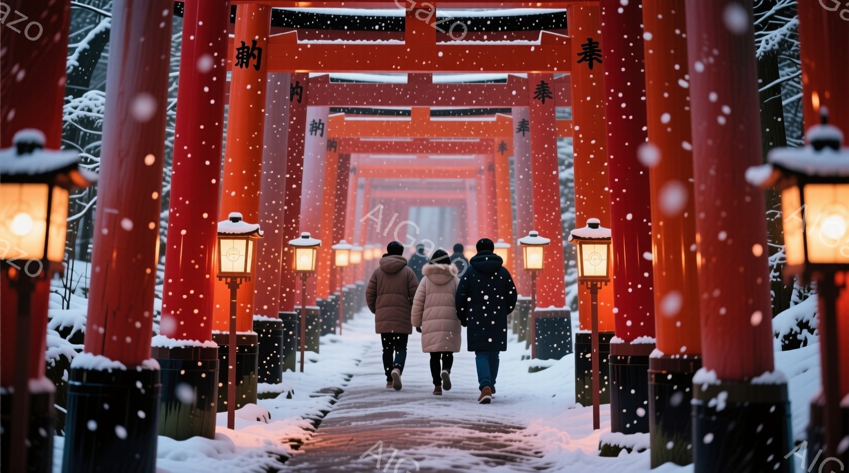 雪が降り積もる中、朱色の鳥居が連なる伏見稲荷大社の参道を行く人々の姿が捉えられています。彼らは冬の装いをしており、厚手のコートや帽子をかぶっています。背景には雪化粧した木々が広がり、幻想的で静寂な雰囲気を醸し出しています。