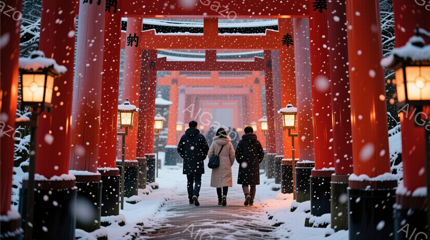 雪が降る朱色の鳥居が連なる参道を行く人々の後ろ姿が描かれている。人々は冬の寒さから身を守るように黒や濃い色のコートを着ており、頭は隠れているため表情は伺えない。背景には雪化粧した木々が見え、全体的に厳 - AI生成フリー素材