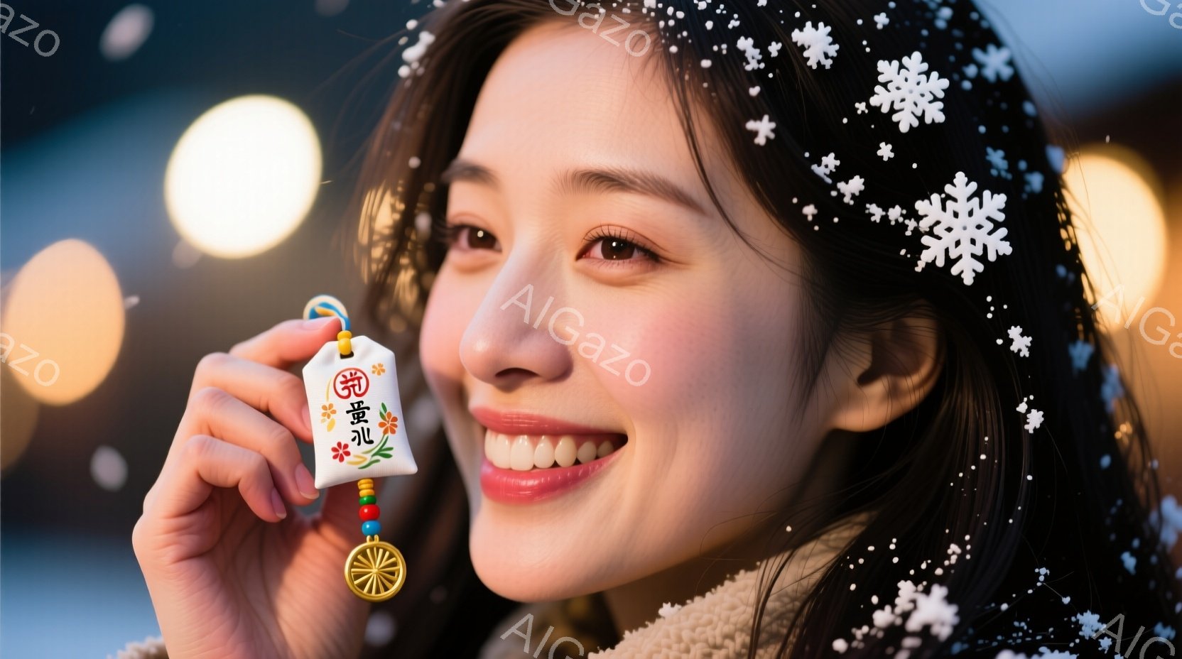 笑顔の女性が、赤い紐に結び付けられた御守りを手に持っている。彼女は肩から覗く毛皮の襟付きのジャケットを着ており、黒髪を肩まで長く伸ばし、嬉しそうな表情を浮かべている。背景にはぼやけた光の粒子と建物のシルエットが見え、全体的に暖かく幸せな雰囲気が漂っている。