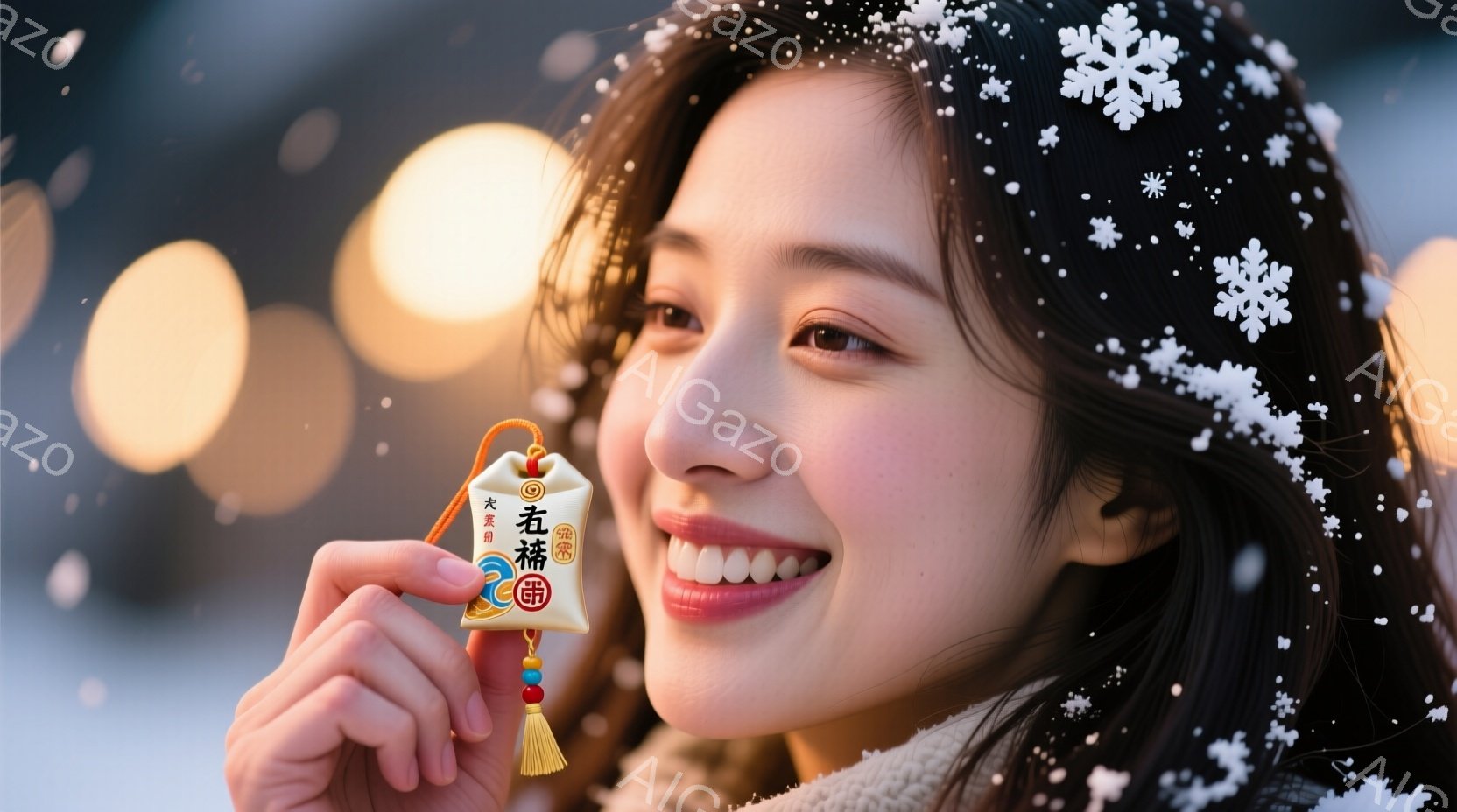 若い女性が笑顔で小さな御守りを手に持っています。彼女は薄いベージュ色のセーターを着ており、髪は肩まで伸びたストレートヘアで、ふんわりとカールしています。背景にはぼやけた光のぼんやりとした輪郭と、雪が舞う冬の夜空が広がっており、暖かく穏やかな雰囲気を醸し出しています。