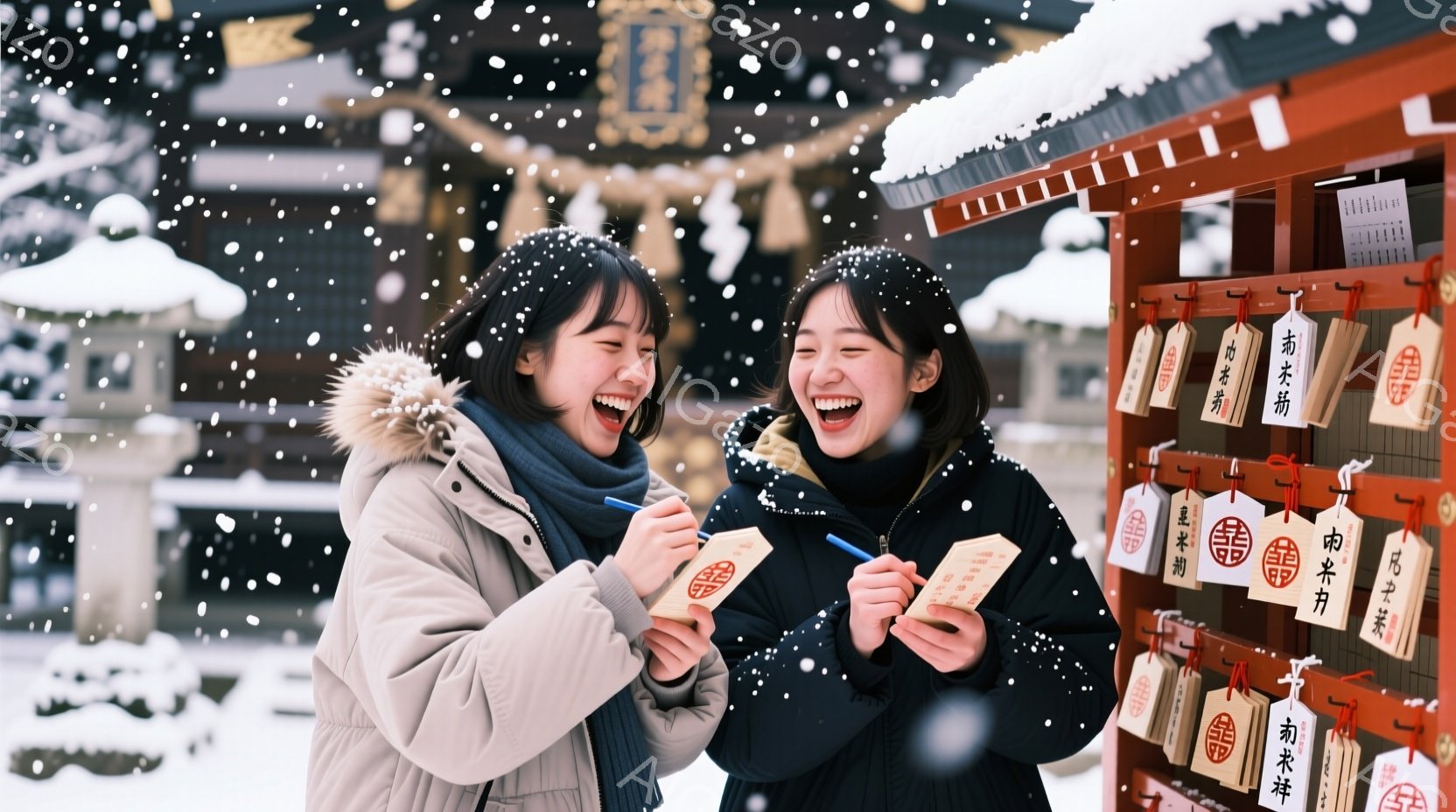 雪が降る中で、笑顔の女性二人が写っています。二人は茶色のジャケットを着ており、片手にペンを持って小さな木札に何か書き込んでいるようです。背景には、伝統的な建築様式の建物と、雪で覆われた木々が見え、全体的に明るく、温かい雰囲気が漂っています。