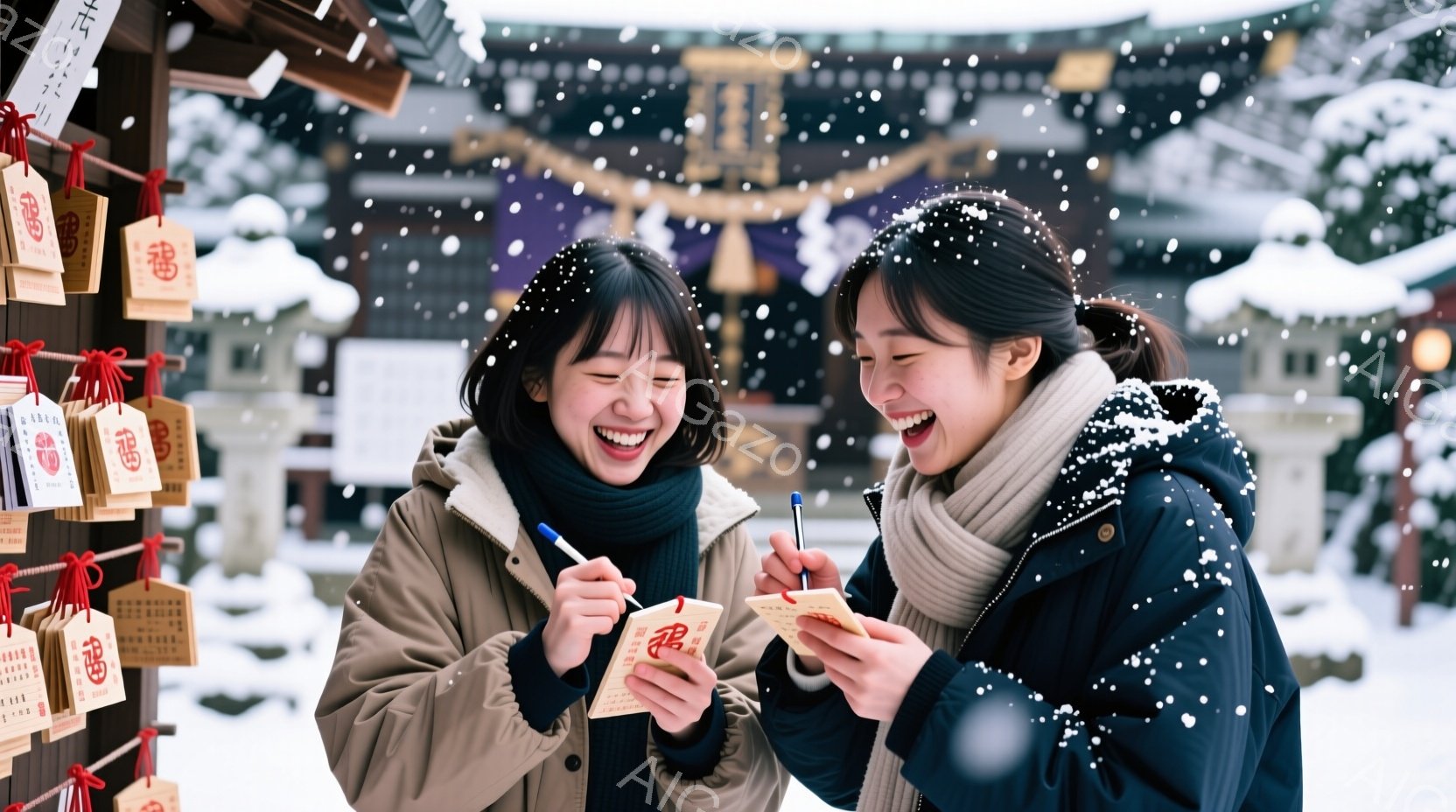 二人の若い女性が、雪が降る寺院で絵馬に何か書き込んでいる様子が写っている。女性たちは、冬らしい服装で、片方はベージュ色のコートと黒髪、もう片方は濃い青色のコートと巻き毛で、ともに満面の笑みを浮かべている。背景には雪で覆われた建物や木々が見え、冬の穏やかで幸せな雰囲気が漂っている。