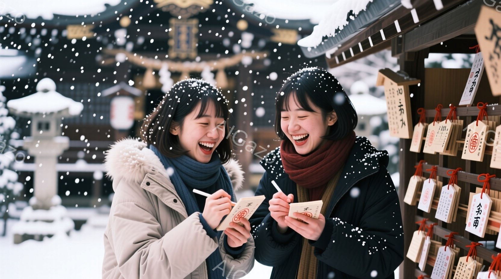 吹雪の中、二人の若い女性が笑顔で絵馬にメッセージを書き込んでいます。彼女たちはそれぞれクリーム色のジャケットと黒いコートを着ており、髪は肩まで伸びています。背景には、雪に覆われた寺院の建物と多くの絵馬が並び、暖かく幸せな雰囲気を醸し出しています。