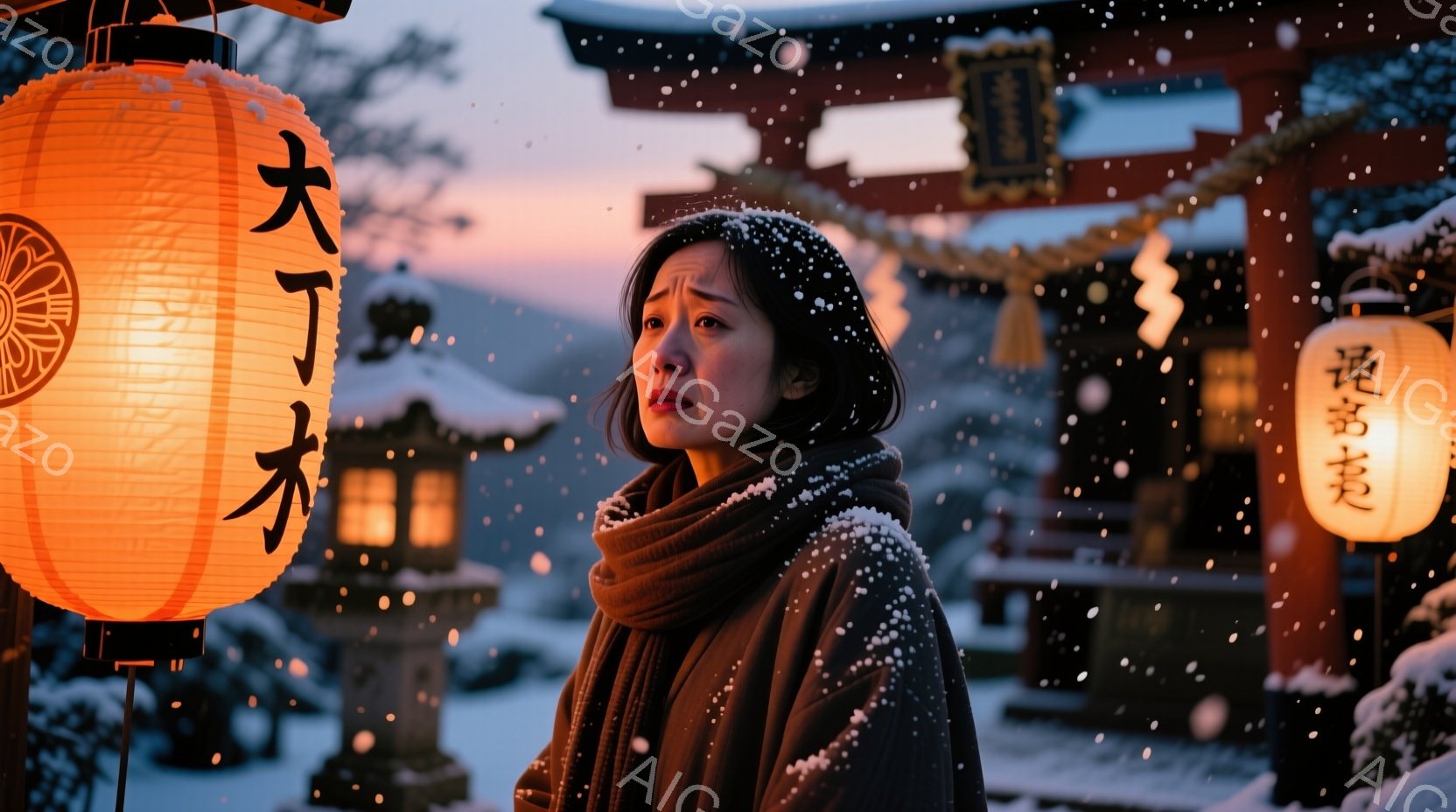 雪が降る中で、茶色のコートとマフラーを身につけた女性が写っています。彼女は少し悲しげな表情で、遠くを見つめています。背景には、灯籠と伝統的な日本の建物が見え、全体的に静かで物憂げな雰囲気を醸し出しています。