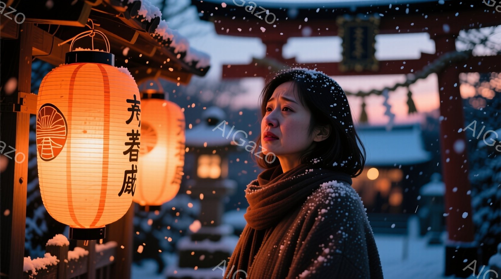 濃い茶色のセーターとスカーフを身につけた女性が、雪が降る寺院の前に立っている。彼女は黒髪で、少し憂いのある表情をしている。背景には、雪化粧された寺院の建物と、暖かく光る提灯が見え、静かで物憂げな雰囲気を醸し出している。