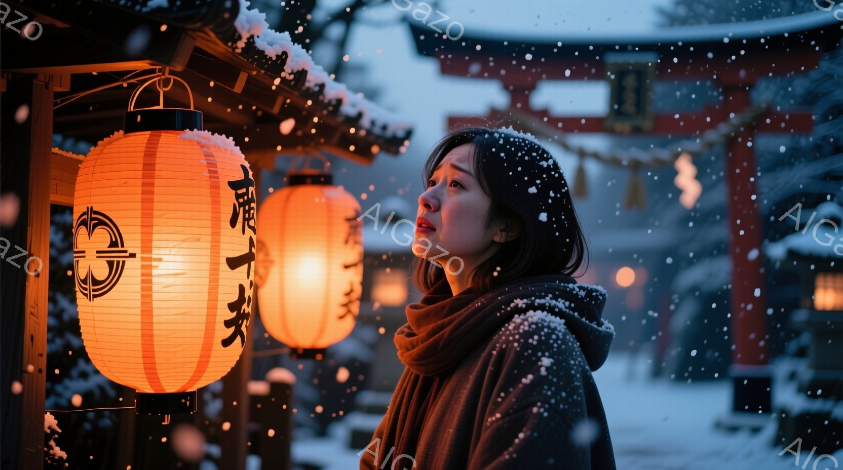 雪が降る中、女性が寺院の前に立っている。彼女は茶色のコートとスカーフを着て、髪を後ろでまとめており、少し上を見つめる表情をしている。背景には赤い寺院の建物と、暖かく光る提灯が見え、全体的に静かで幻想的な雰囲気を醸し出している。