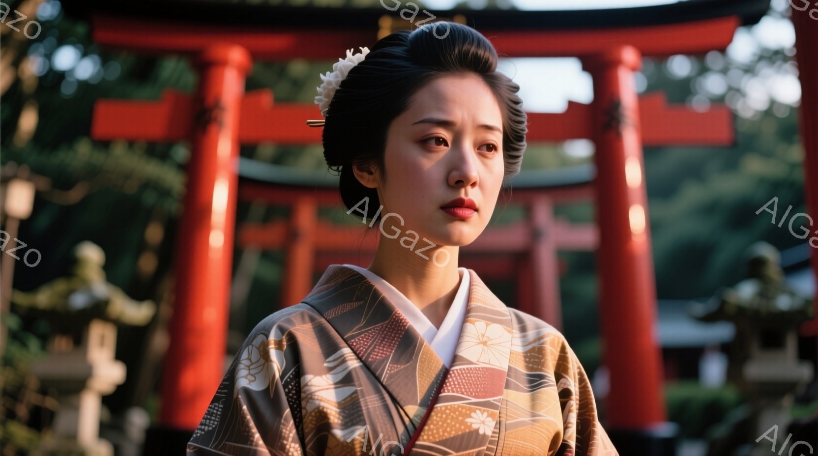 茶色の着物を着た若い女性が写っている。彼女は髪を高く結い、髪飾りをつけている。背景には赤い鳥居と緑豊かな木々が見え、柔らかな光が彼女を照らしている。