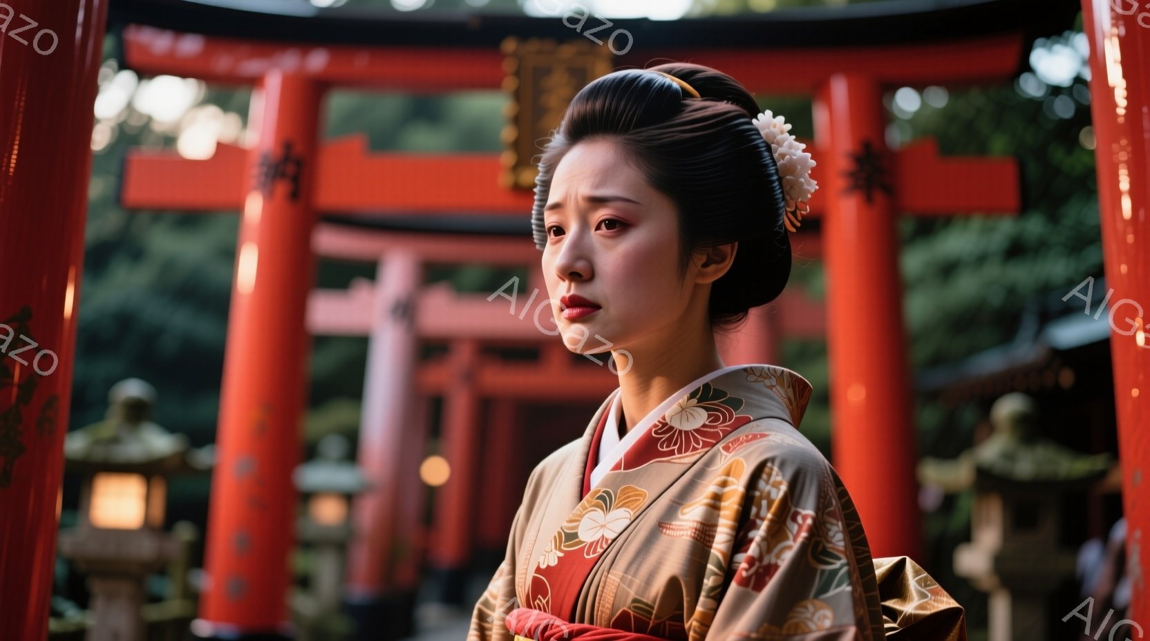 鮮やかな朱色の鳥居が並ぶ神社で、着物を着た女性が佇んでいます。彼女は、落ち着いたベージュ色の着物で、金色の模様が上品さを引き立てています。髪は伝統的な日本髪に結い上げられ、髪飾りをつけており、少し憂い - AI生成フリー素材