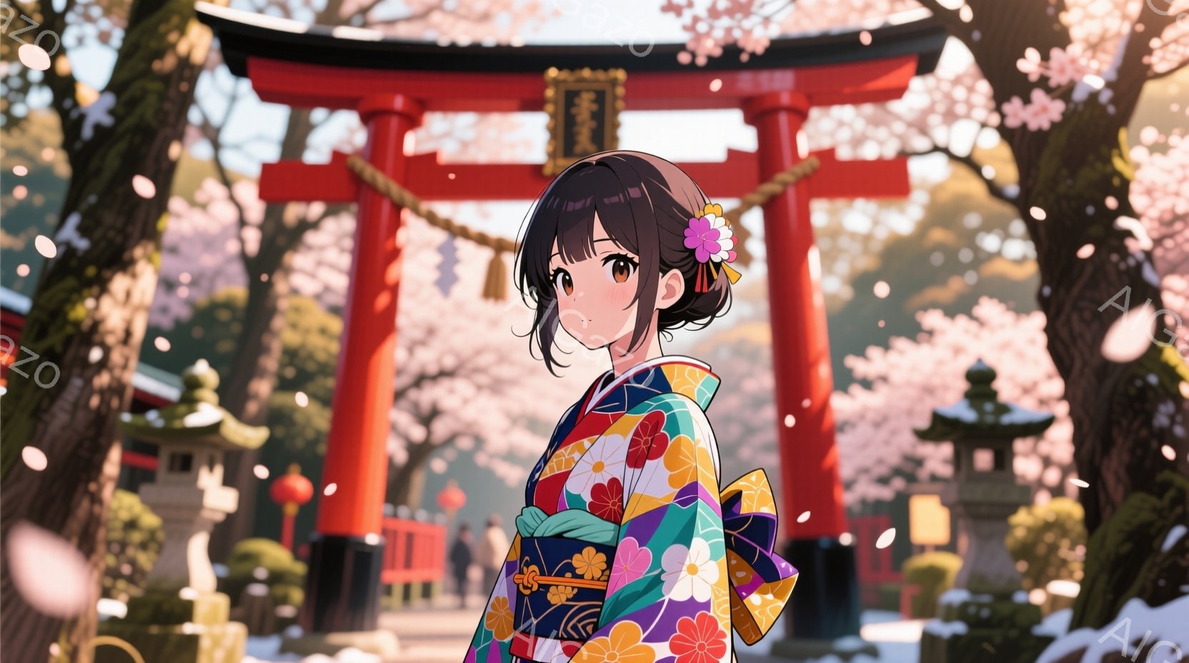 鮮やかな色の着物を身につけた若い女性が描かれています。彼女は暗い髪を後ろでまとめ、ピンクの花飾りをつけています。背景には、桜の花びらが舞う赤い鳥居と、日本の伝統的な灯篭が配置され、春の穏やかな雰囲気が - AI生成フリー素材