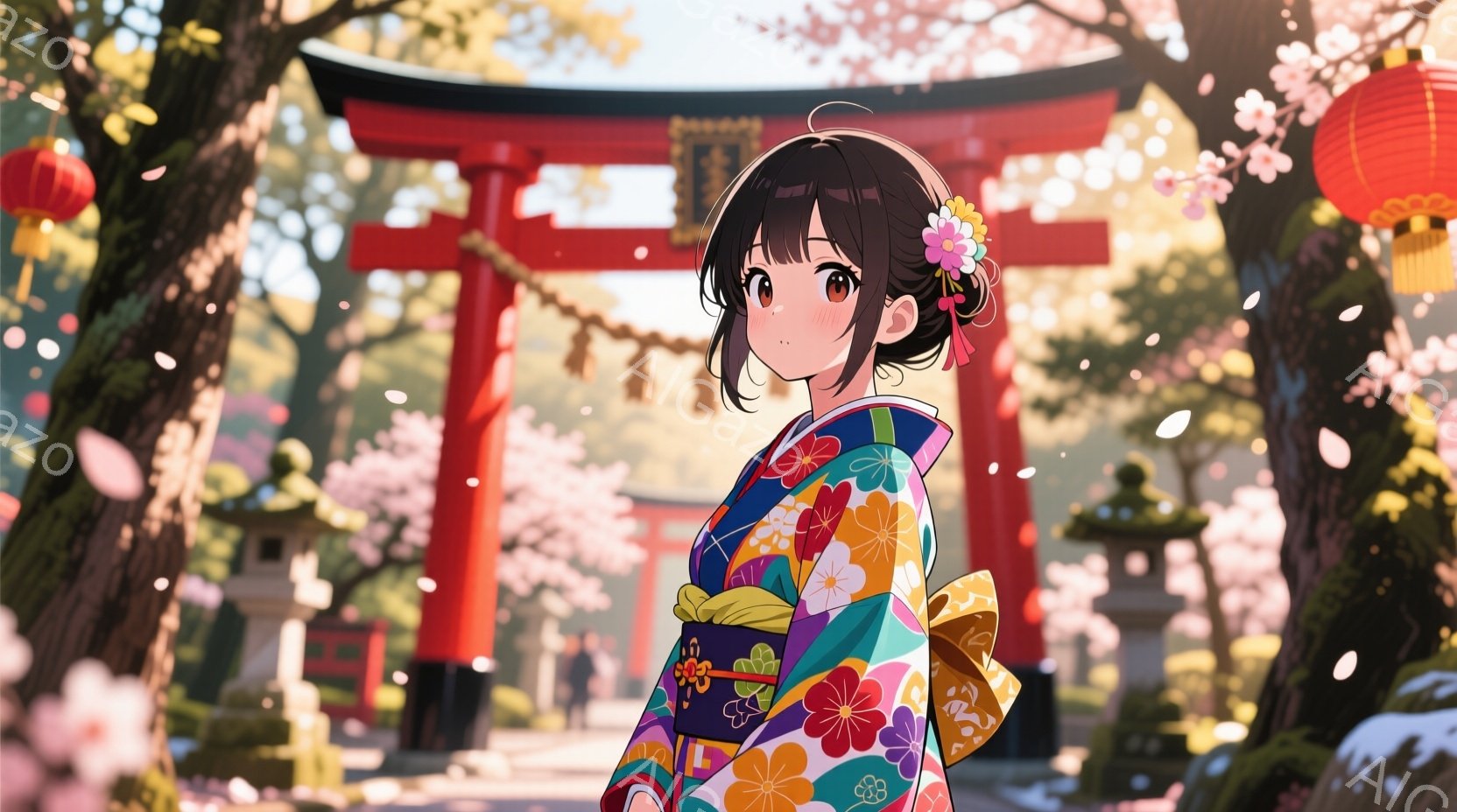 少女は鮮やかな色の花柄の着物を着ており、黒髪を後ろでまとめ、髪飾りをつけています。彼女は少し微笑んでおり、遠くを見つめるように視線を送っています。背景には赤い鳥居、桜並木、そして石灯籠があり、桜の花びらが舞い散る春の穏やかな雰囲気を醸し出しています。