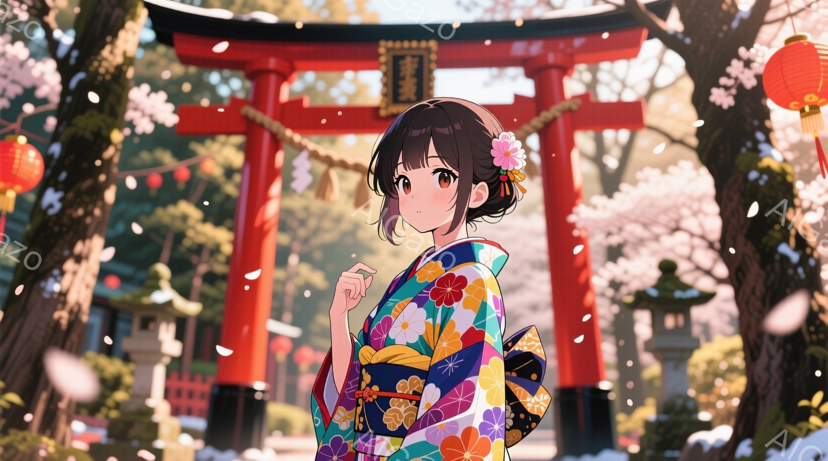 鮮やかな色の花柄の着物を着た若い女性が描かれています。彼女は黒髪をまとめ、髪飾りをつけて微笑んでいます。背景には、桜の花びらが舞う中、赤い鳥居と提灯が並び、春の訪れを感じさせる穏やかな雰囲気です。