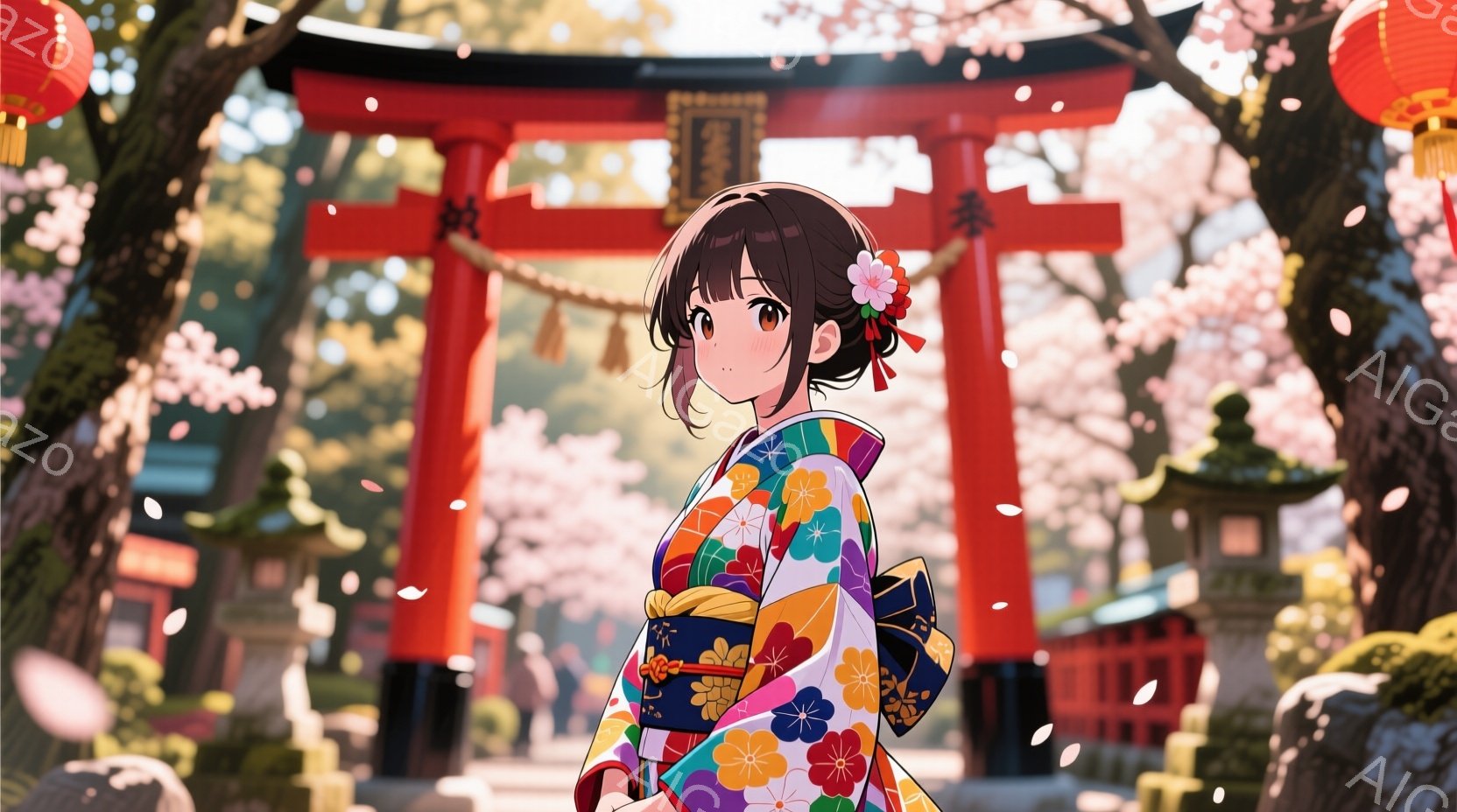 少女は鮮やかな色の花柄の着物を着ており、黒髪を後ろでまとめ、ピンクの花飾りをつけている。彼女は少し微笑んでおり、石灯籠や桜並木が並ぶ神社の敷地内で正面を向いている。背景には赤い鳥居が聳え立ち、桜の花び - AI生成フリー素材