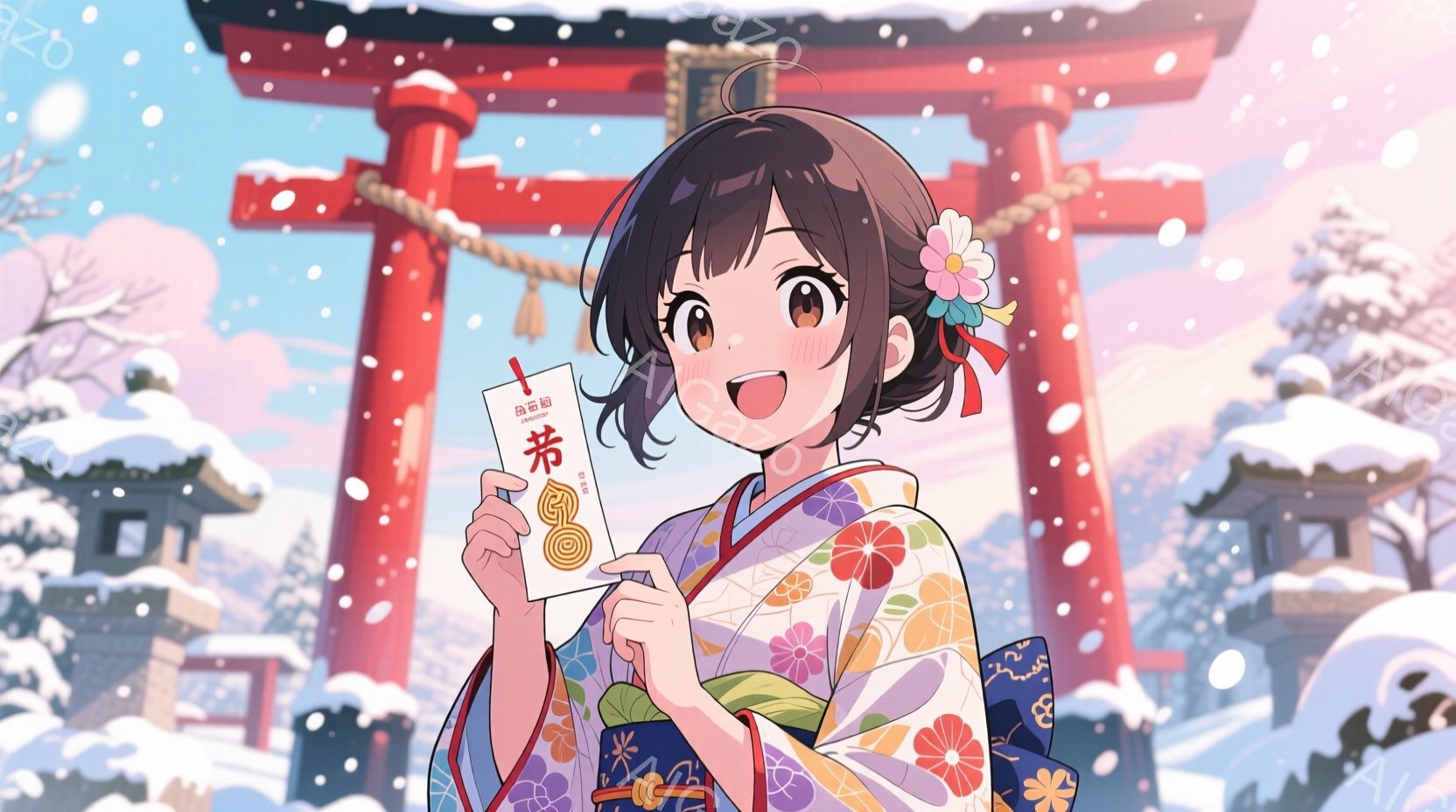 明るい笑顔の少女が、赤い着物と花柄の帯を身に着けて立っています。彼女は右手に「合格」と書かれたお守りを持ち、冬の雪が舞う神社を背景にしています。背景には、雪景色の中に朱色の鳥居や伝統的な建物が見え、全 - AI生成フリー素材
