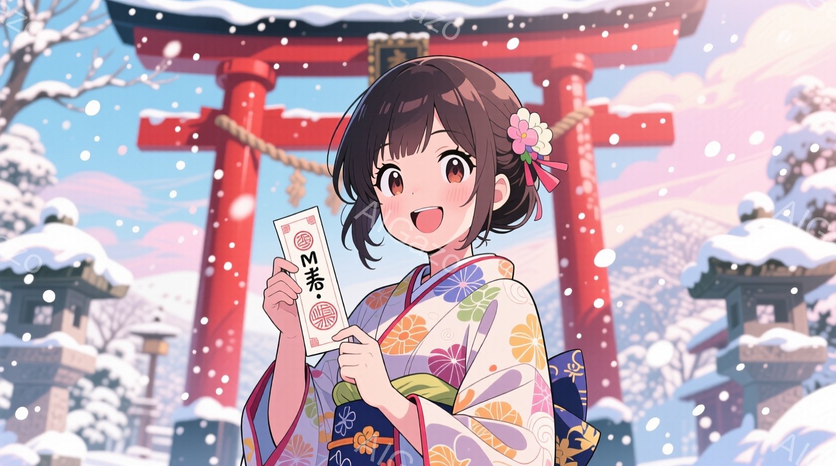 明るい笑顔の少女が、鮮やかな色の着物と、髪飾りの花をつけた黒髪で描かれています。彼女は赤い封筒のようなものを両手で抱え、少し上目遣いで見つめています。背景には雪景色の中に鳥居と日本の伝統的な建物が描かれており、全体的に明るく、お祝いの雰囲気が漂っています。