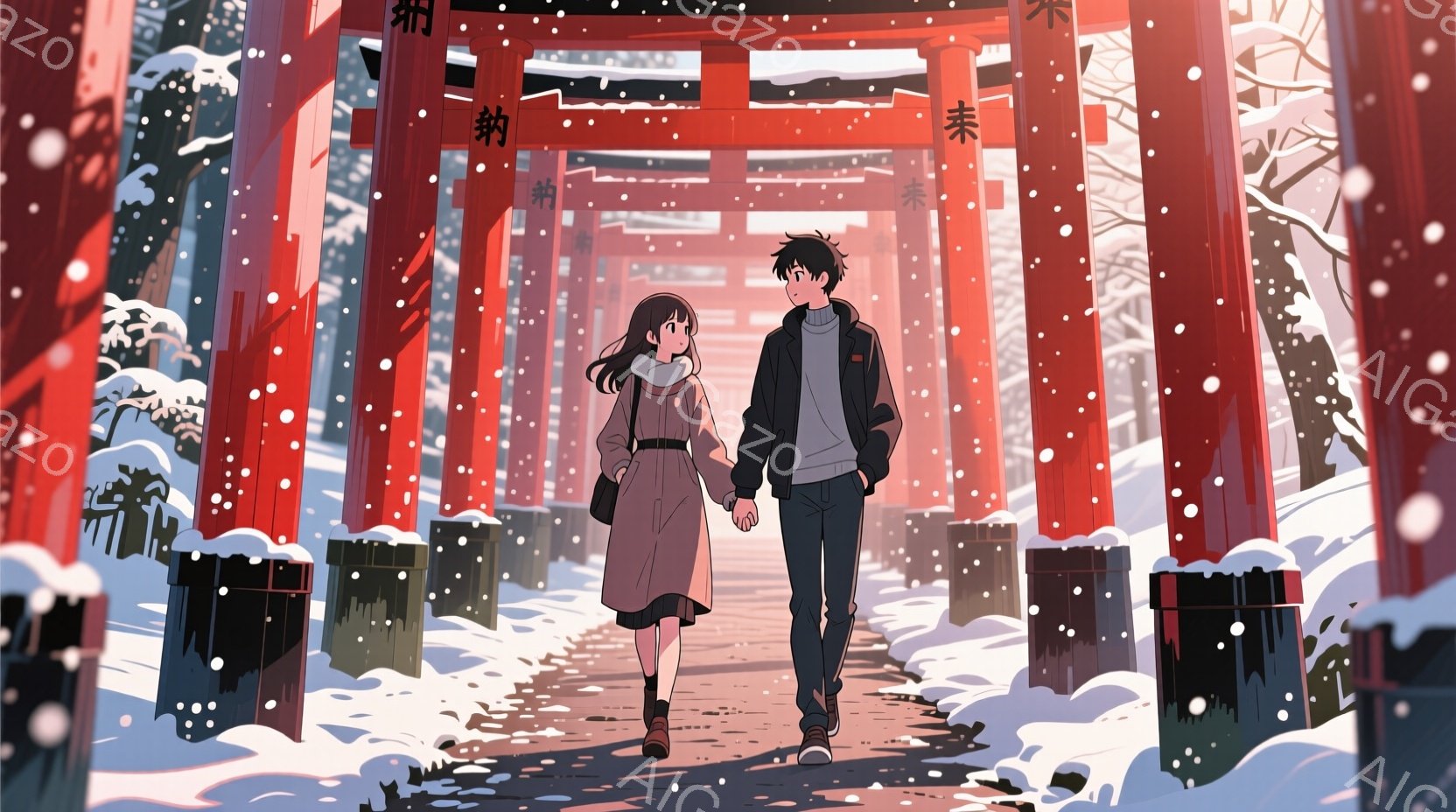 雪が降る中、若い男女が手をつないで鳥居が並ぶ道を歩いている。女性はピンク色のコートと茶色のブーツを履き、髪を少しウェーブさせたスタイルで、優しい表情をしている。男性は黒いジャケットとジーンズ姿で、女性の方を見て少し微笑んでいるように見える。