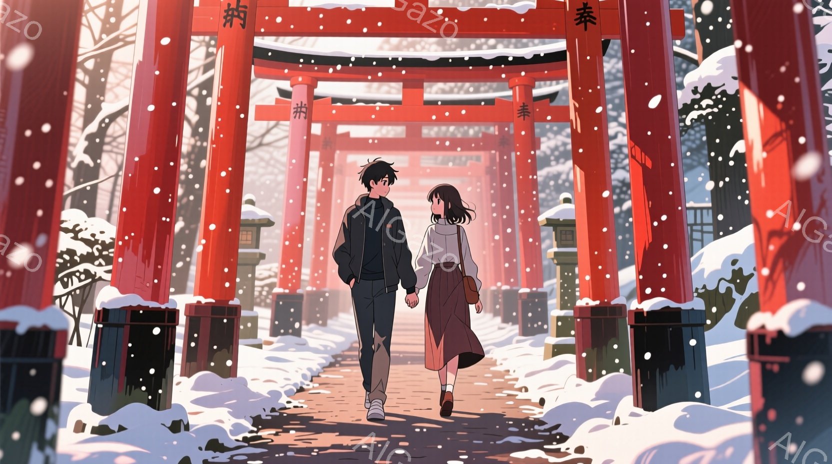 雪が降る中、若い男女が手をつないで朱色の鳥居が並ぶ道を歩いている。男性は黒いジャケットとズボンを着用し、女性はベージュ色のセーターと赤いスカートを着ており、どちらも前を向いて歩き、穏やかな表情をしている。背景には雪で覆われた木々と鳥居が連なり、冬の暖かく静かな雰囲気を醸し出している。