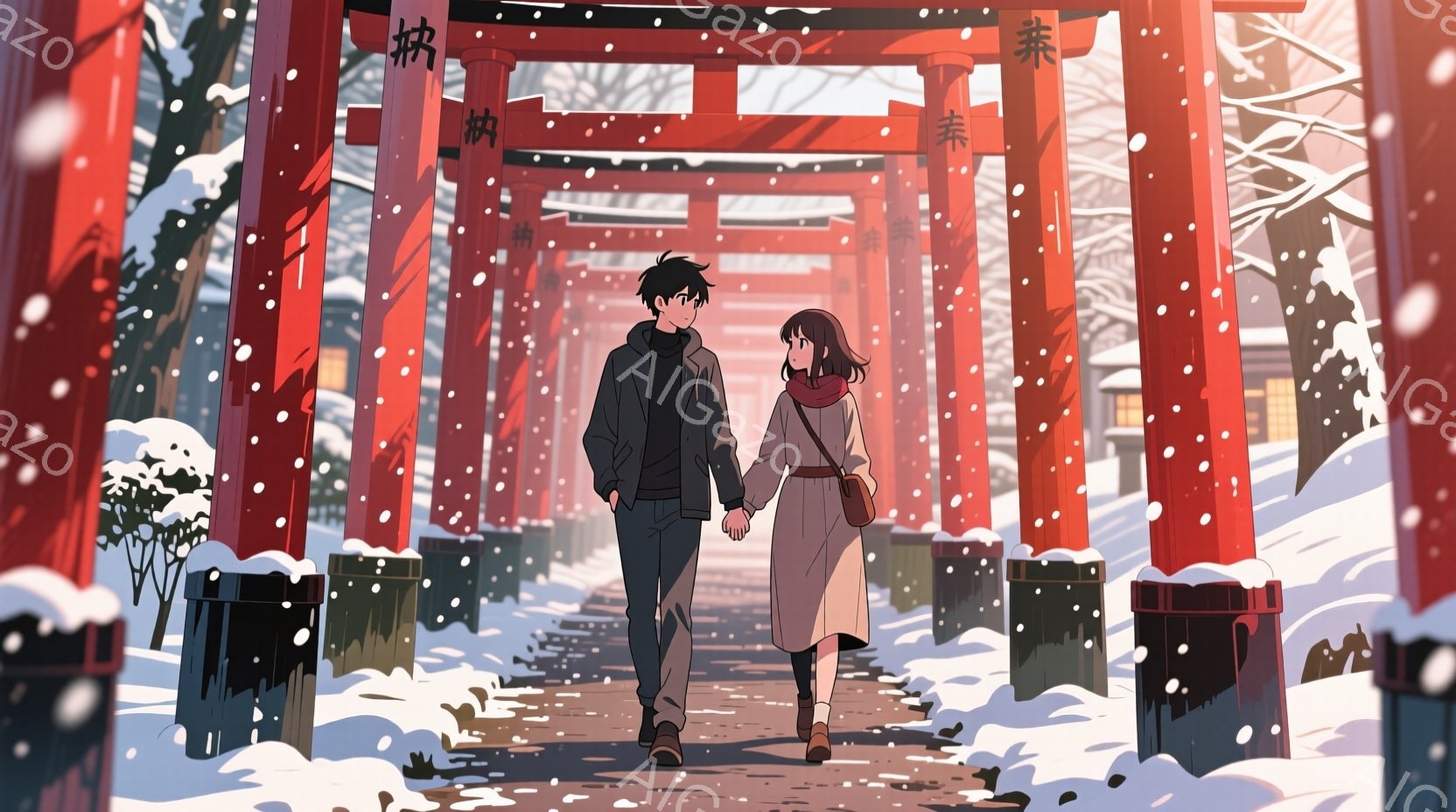 雪が降り積もる中、若い男女が手をつないで朱色の鳥居が並ぶ道を歩いている。男性は黒いコートとズボンを着用し、女性はベージュのコートにスカートを合わせ、髪を肩まで伸ばしている。背景には雪で覆われた木々や鳥居が続き、全体的に温かく、ロマンチックな雰囲気を醸し出している。