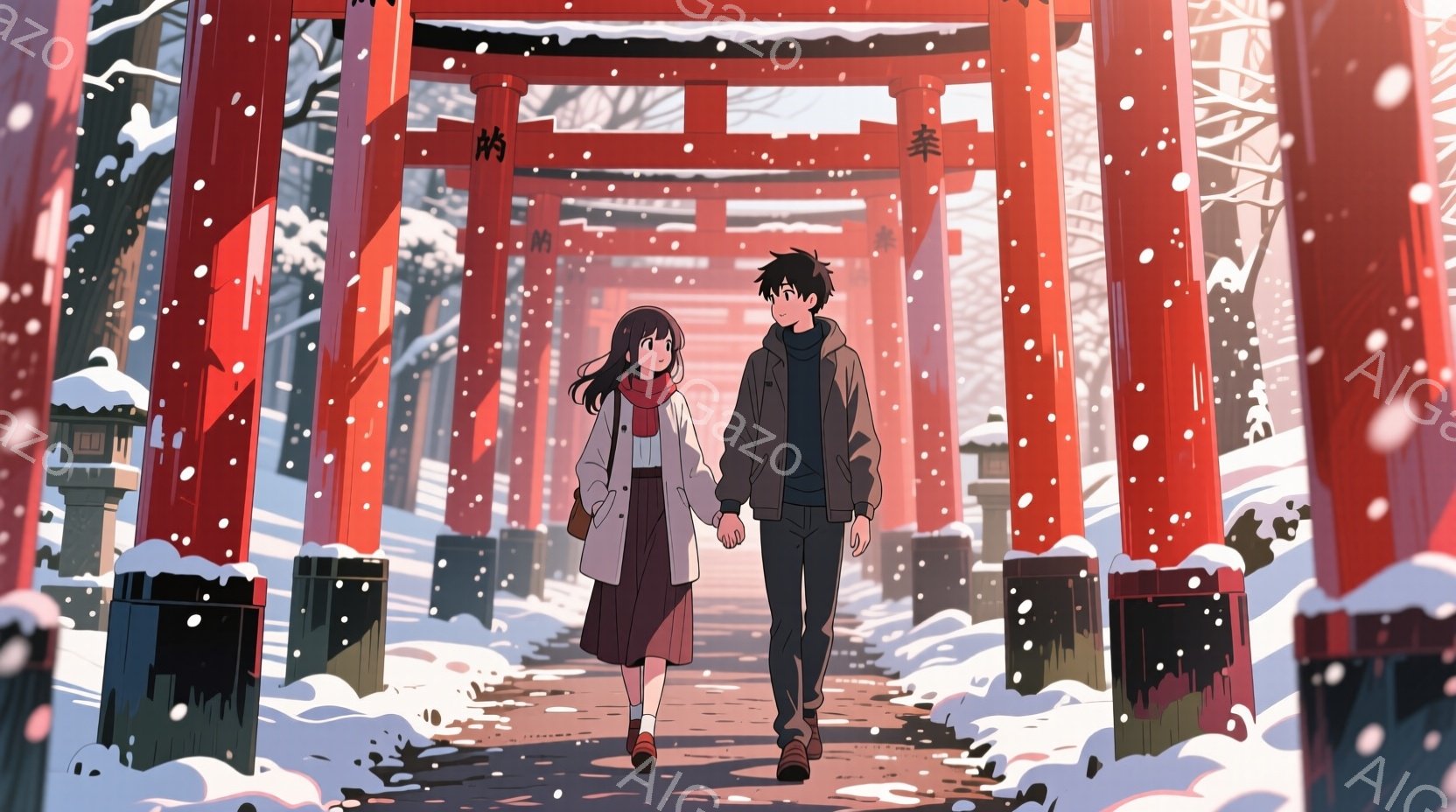 雪が降る中で、赤い鳥居が並ぶ道を男女が手をつないで歩いている様子が描かれています。女性は茶色の長い髪で、クリーム色のコートと赤いスカートを着ています。男性は黒髪で、濃い色のジャケットとズボンを着用し、 - AI生成フリー素材