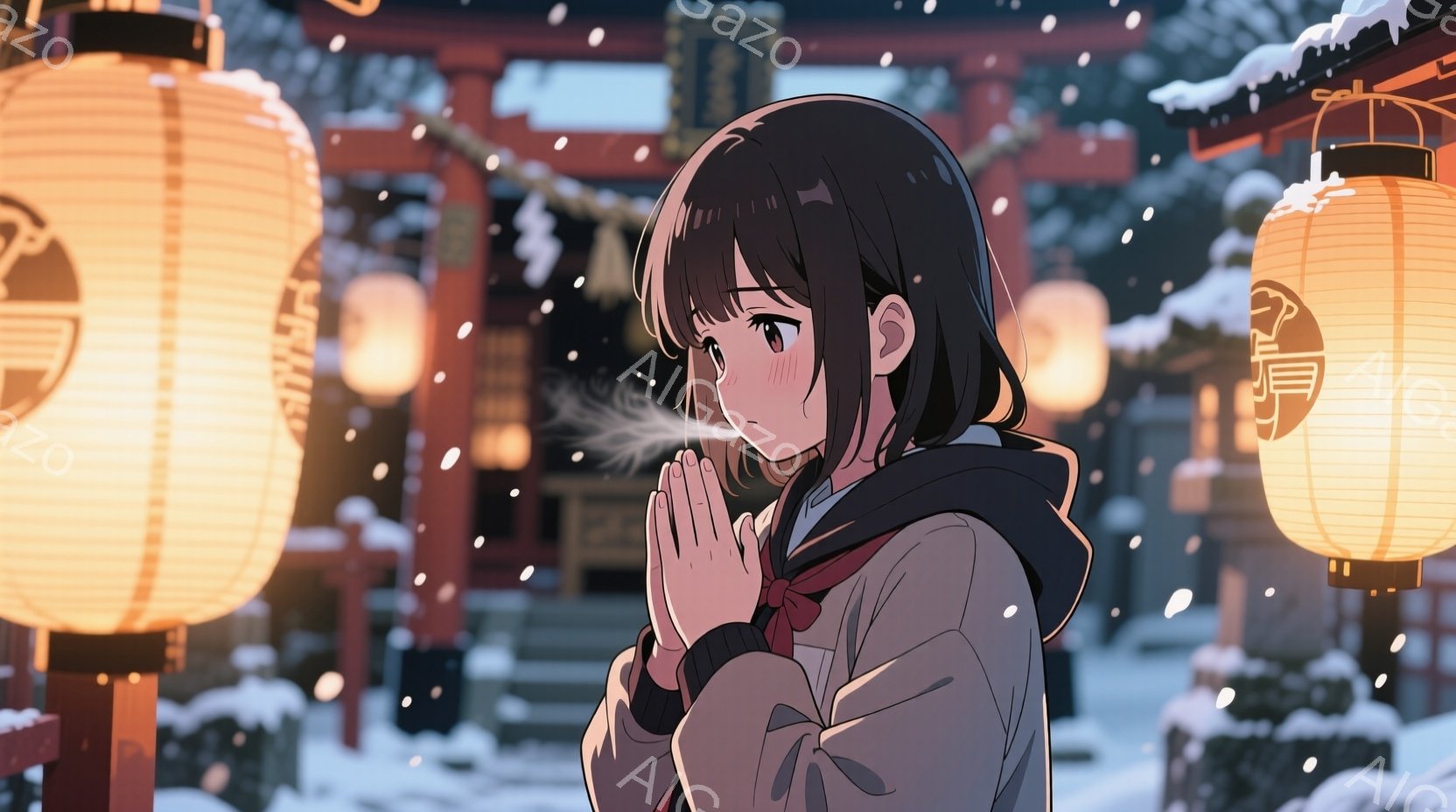 雪が降る中で祈る少女が描かれています。彼女は紺色のセーラー服を着ており、髪は肩まで届く長さで、前髪はぱっつんカットです。彼女は両手を合わせて祈っており、白い息が漂っています。