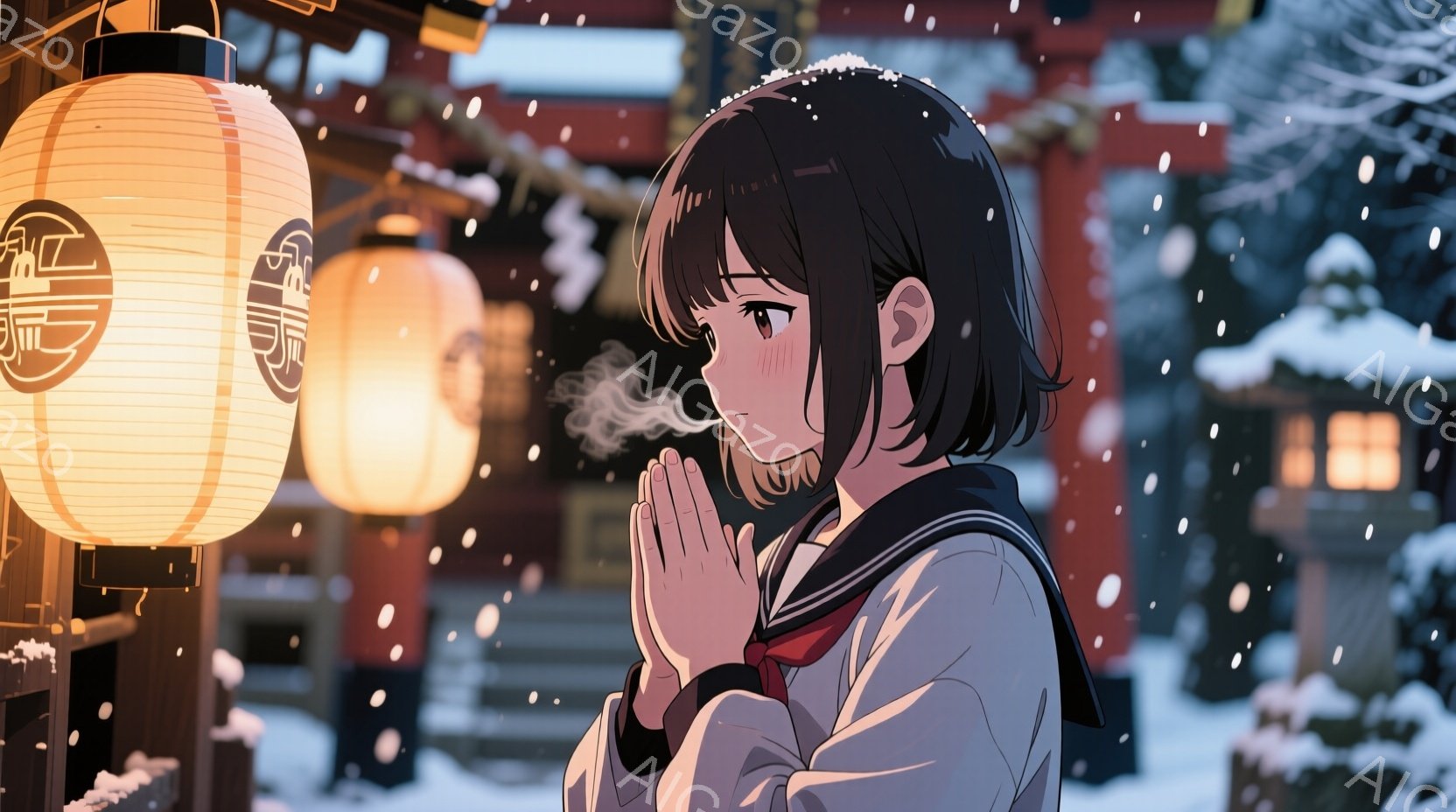 短い黒髪の少女が、冬の雪景色の中で祈るように両手を合わせている。制服姿で、赤いリボンがアクセントになっている。背景には提灯が灯り、雪が舞う寺院または神社のような場所であることがわかる。 - AI生成フリー素材